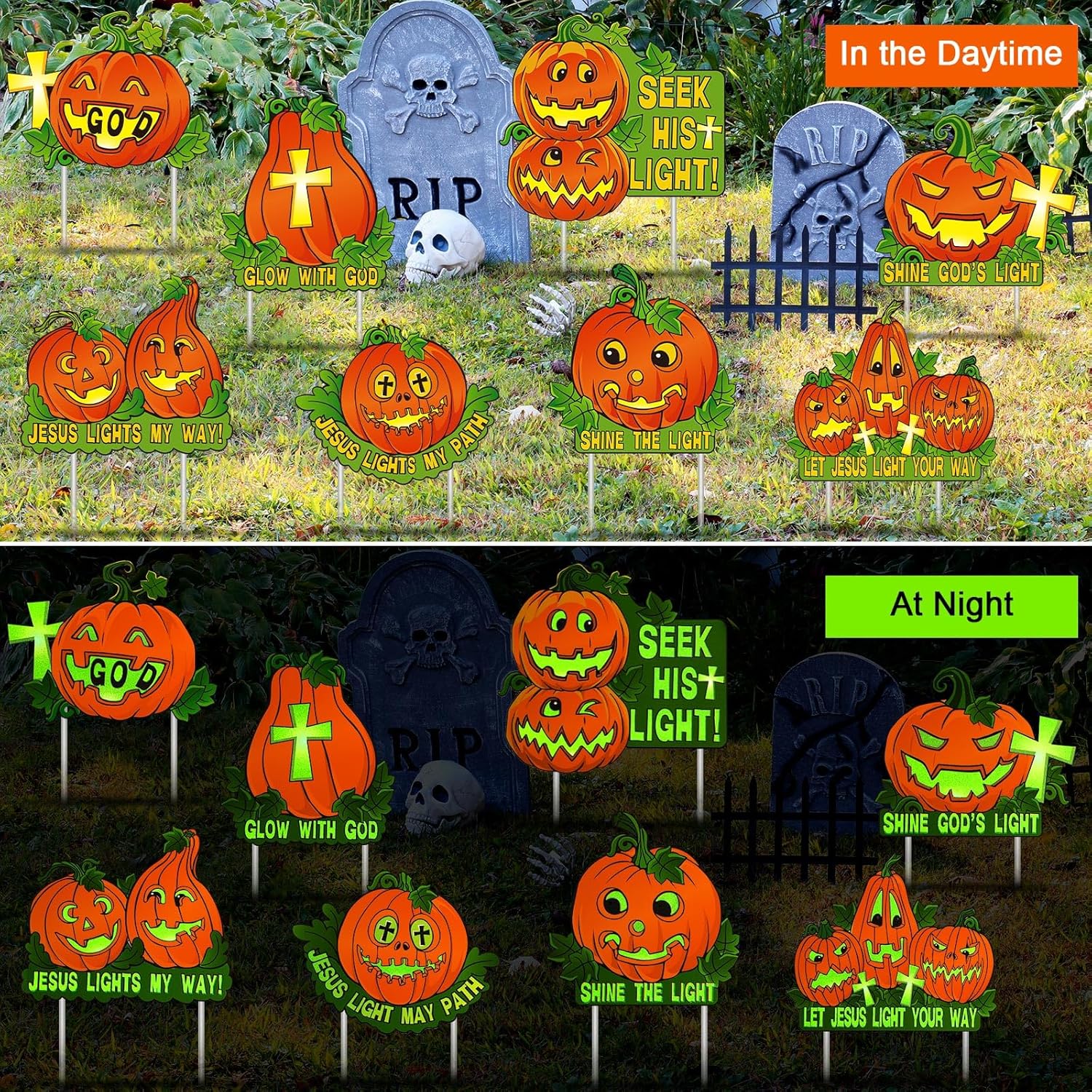 8 letreros luminosos de calabaza cristiana para jardín con estacas que brillan en la oscuridad para Halloween, espeluznante calabaza, césped,