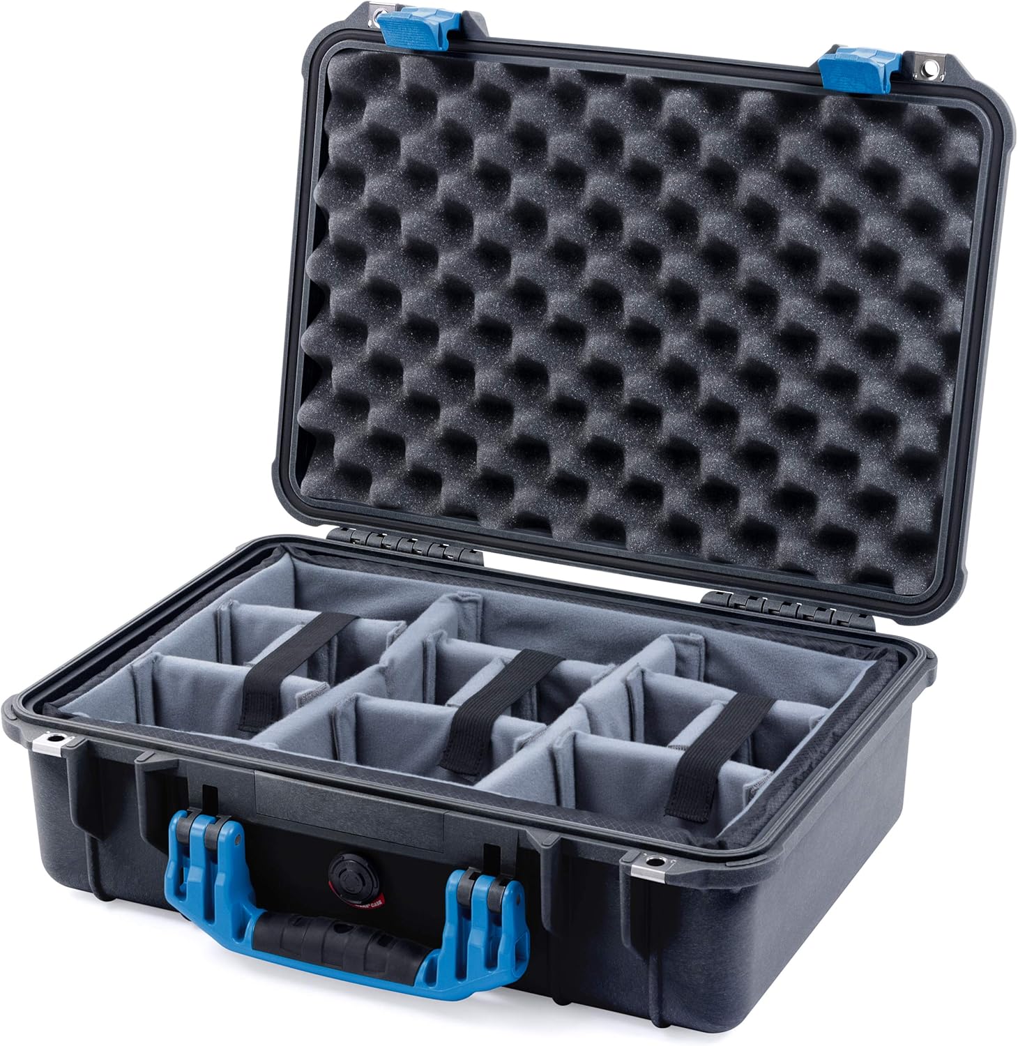 Funda Pelican Black & Blue 1500 con divisores acolchados CVPKG grises.