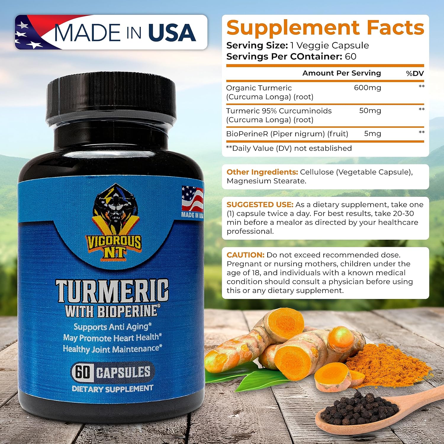 Vigorous NT – Suplemento de cúrcuma con BioPerine, fórmula de absorción mejorada, extracto de cúrcuma orgánico con 95% de curcuminoides, promueve el