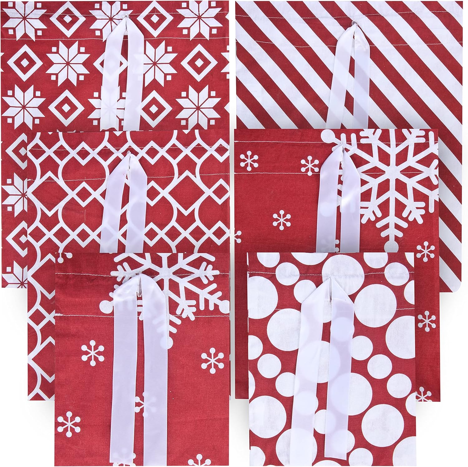 JOYIN 6 bolsas de regalo de tela roja de Navidad con 5 diseños de bolsas de tela de algodón de Navidad con cordón para decoración de Navidad, bolsas
