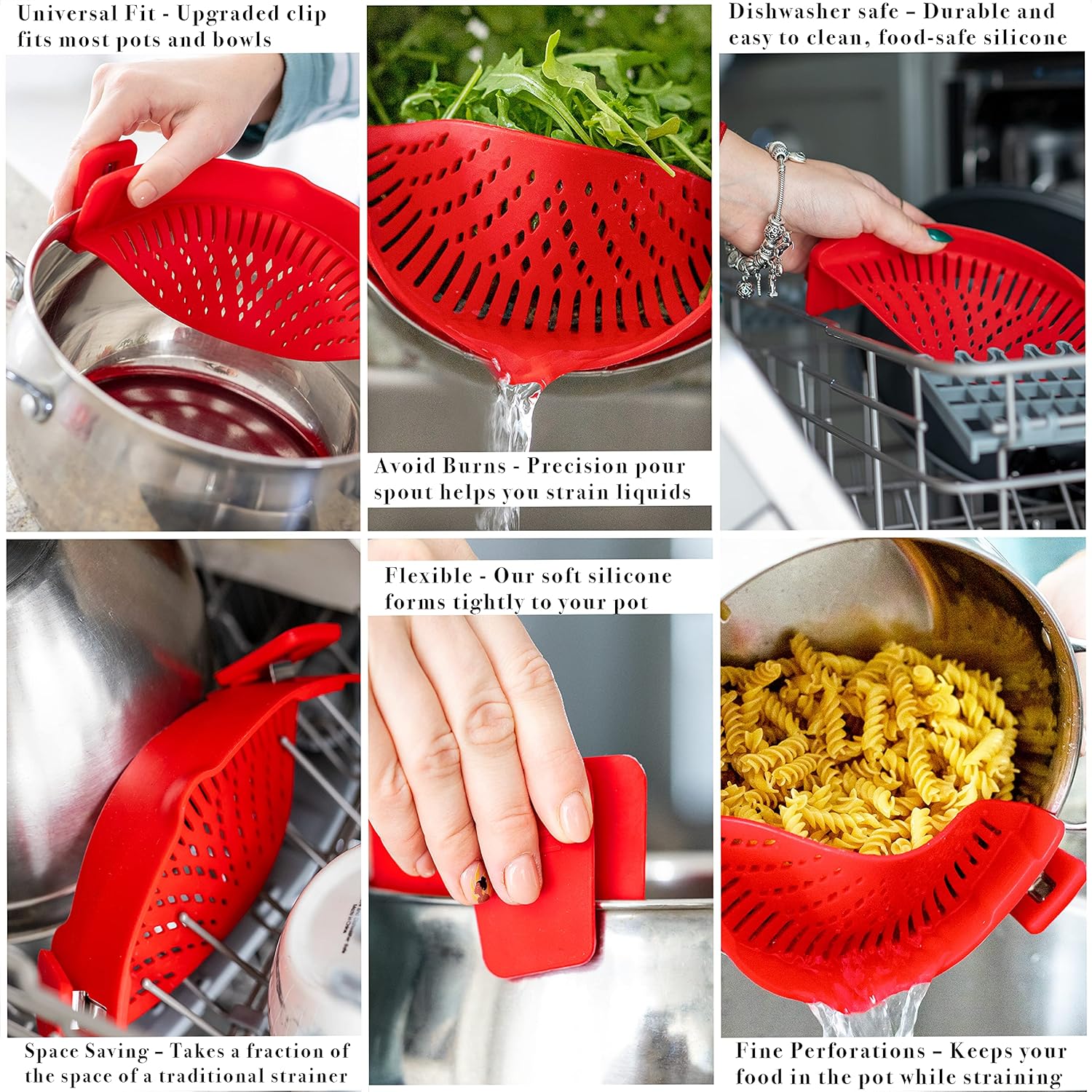 Colador de pasta de silicona con clip, ajuste universal para todas las ollas y tazones, escurridor a presión para pasta, carne, verduras, frutas,