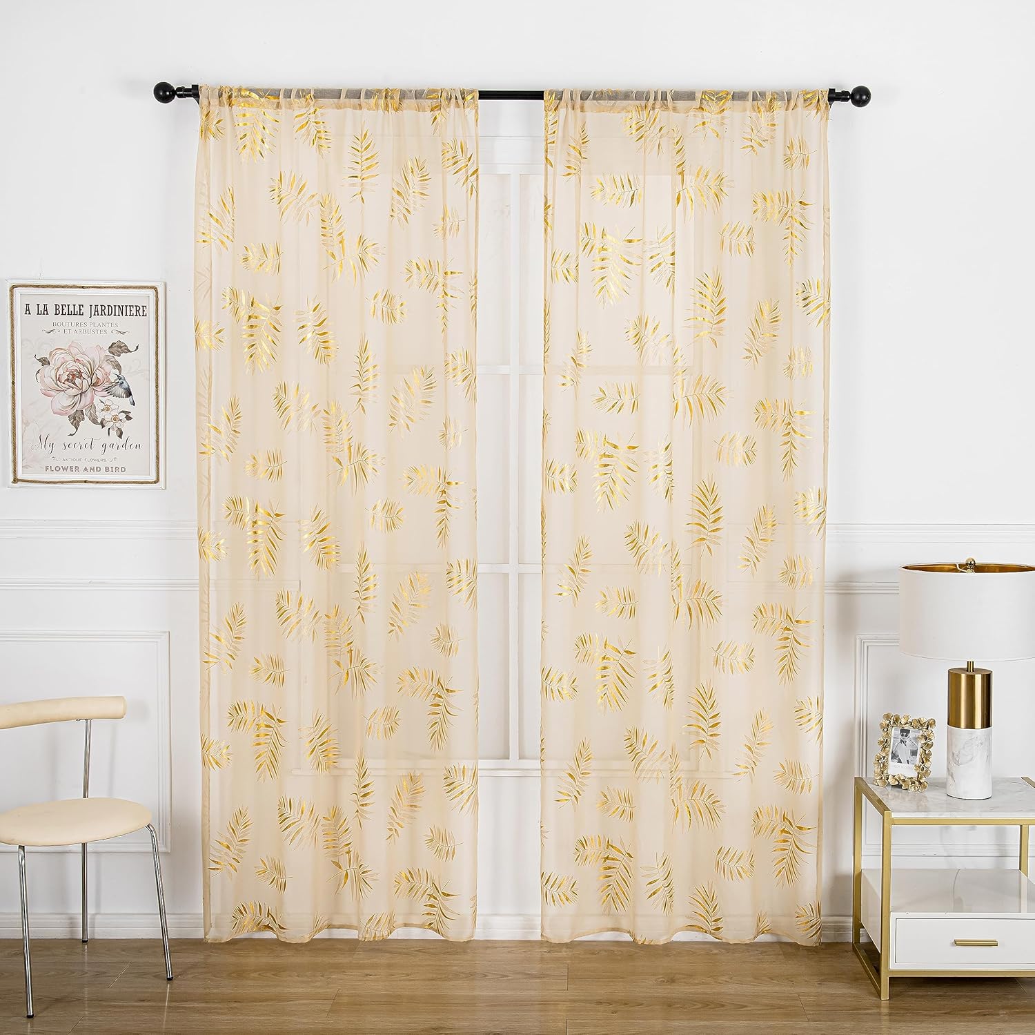 Sutuo Home Juego de 2 paneles de cortinas traslúcidas color caqui de 96 pulgadas de largo, hojas tropicales bronceadas metálicas con estampado