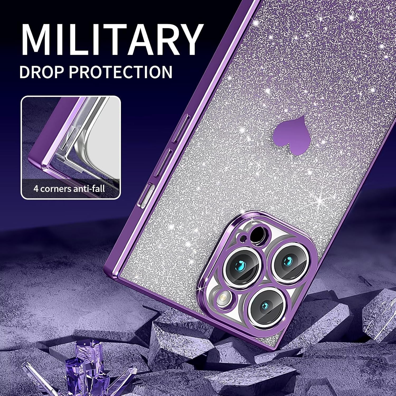 Tzomsze Funda compatible con iPhone 15 Pro con purpurina, transparente y brillante con bonito patrón de corazón, protección completa de lente y