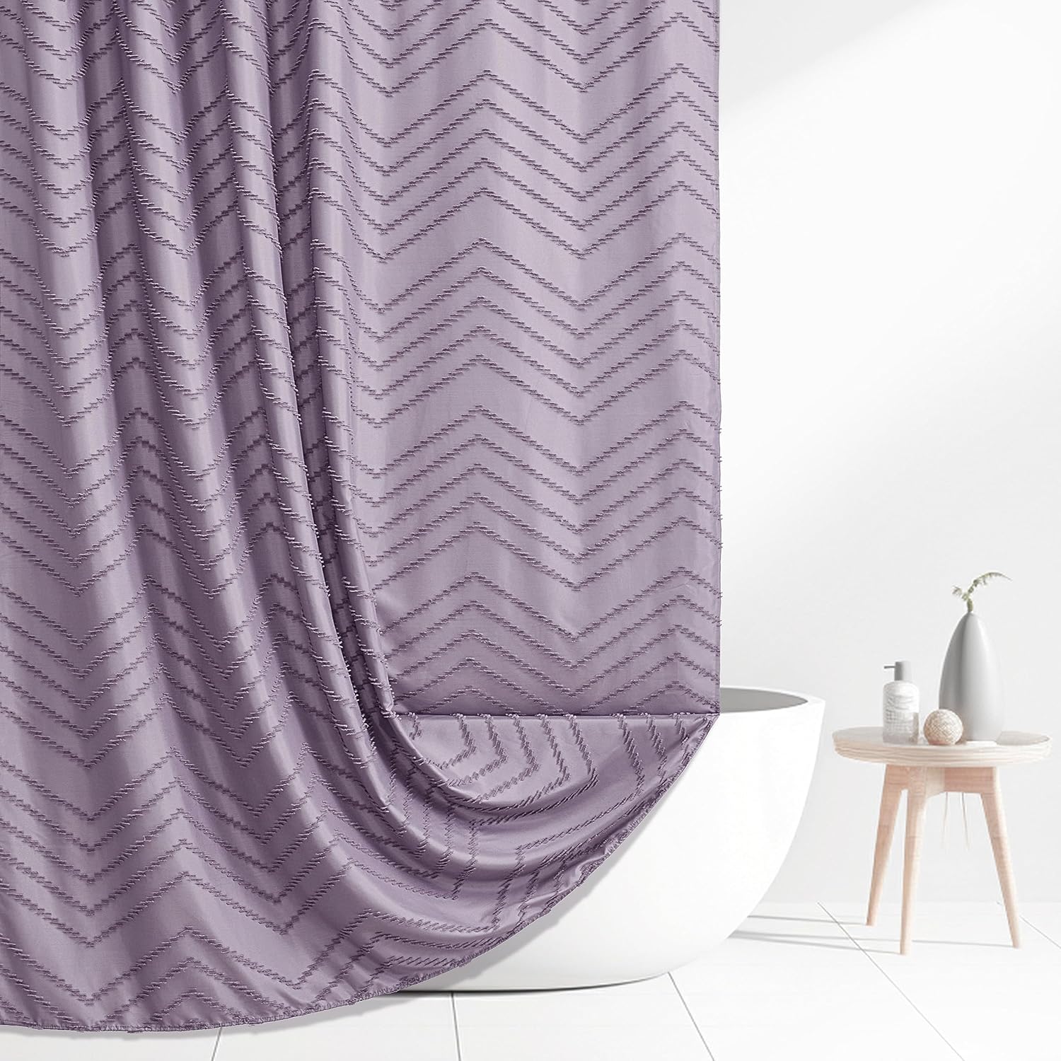 Cortina de ducha extra larga de tela tejida morada de 84 pulgadas, cortina de ducha con rayas cheurón copetudo, 72 x 84 pulgadas, moderna, elegante,