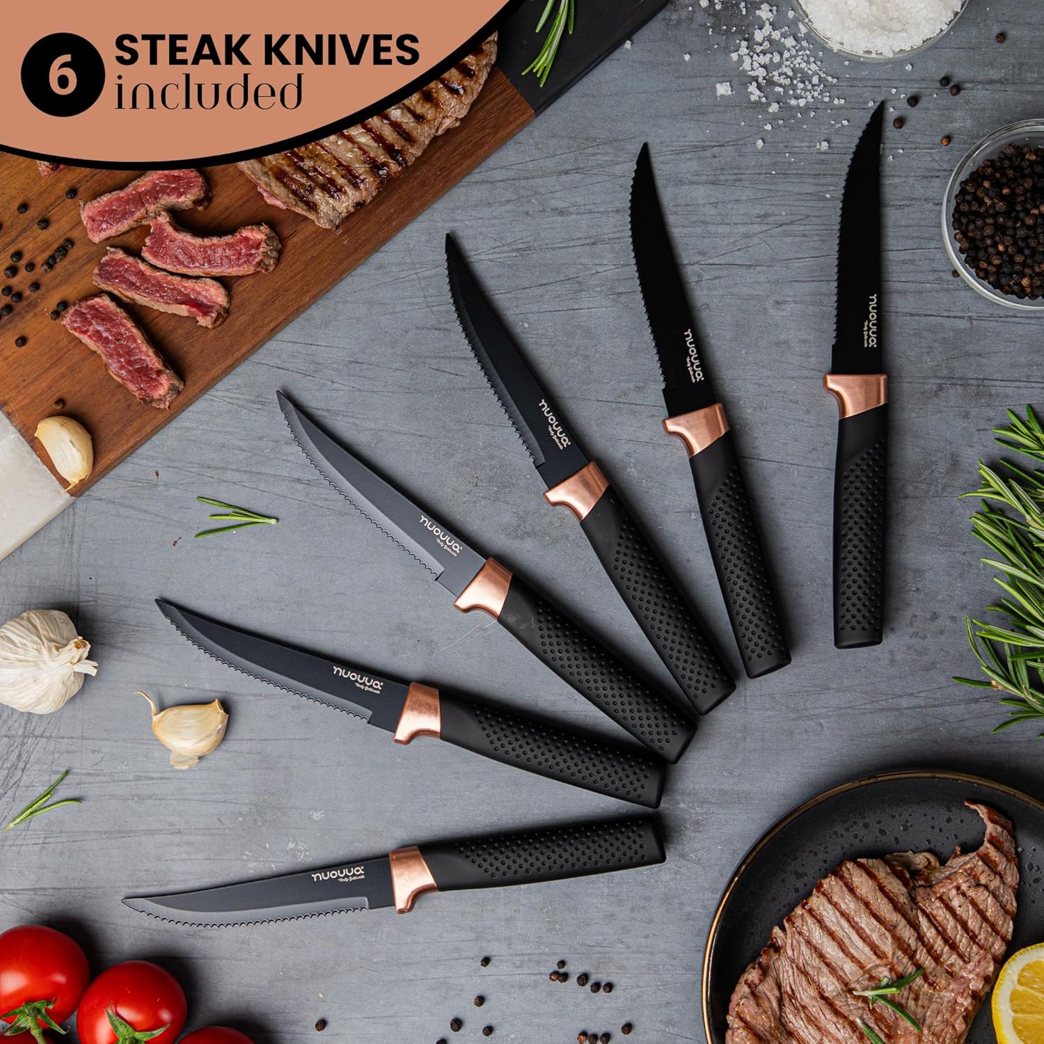 nuovva Juego de cuchillos de cocina profesionales con bloque, juego de cuchillos de cobre de 17 piezas con cuchillos para carne, bloque de acrílico