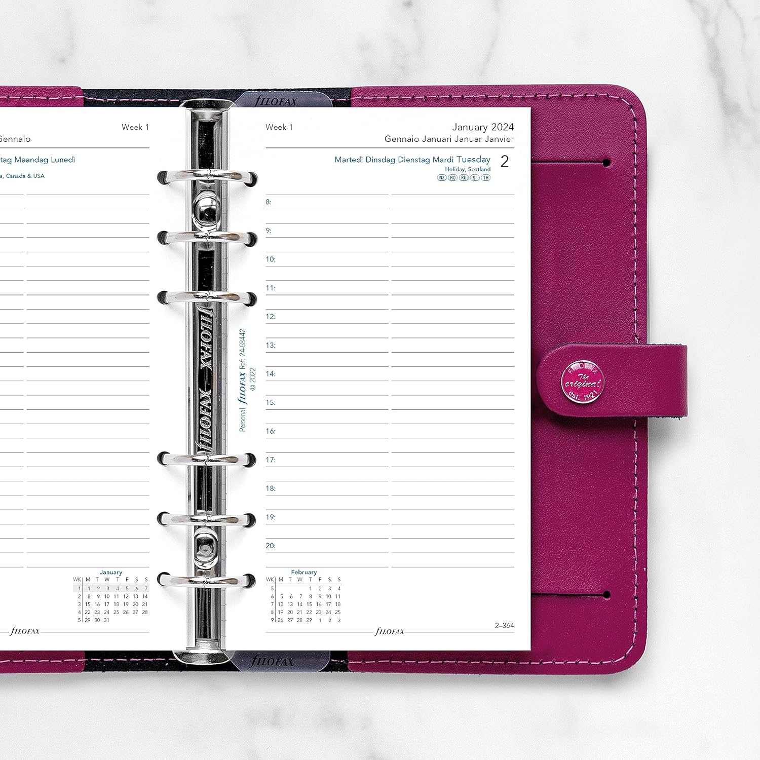 Filofax Calendario de recambio de diario, tamaño personalcompacto, día en una página con citas, a rayas, papel blanco, multilingüe cinco idiomas,