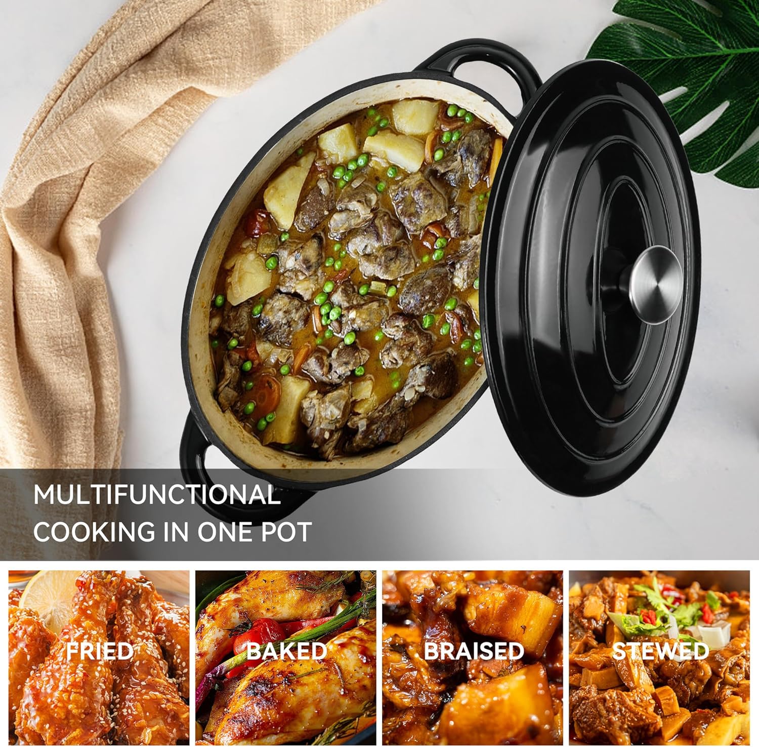 Olla de horno holandés ovalada esmaltada de 4.5 cuartos de galón con tapa y asas dobles, horno holandés de hierro fundido para cocinar, hornear pan,