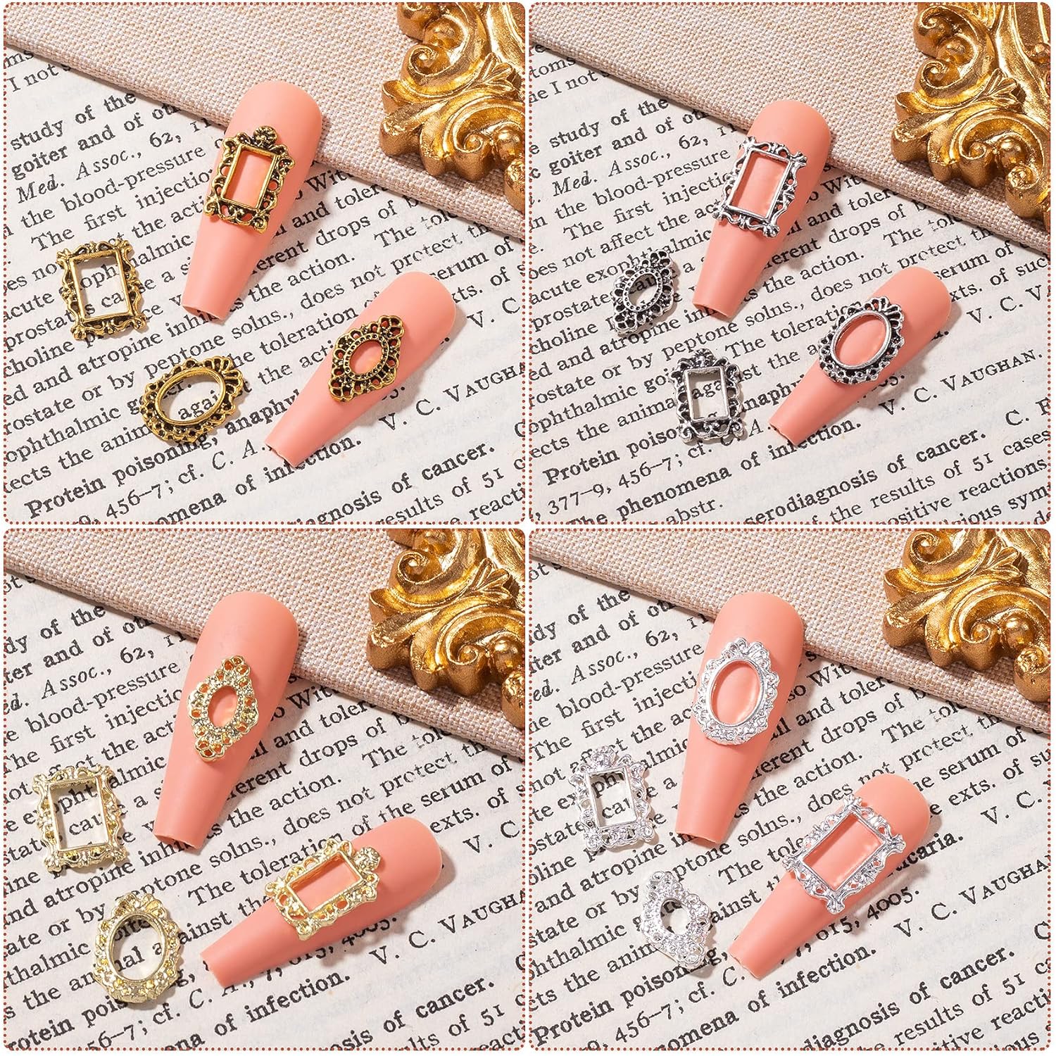 CHANZET 80 dijes de uñas de metal 3D, marco gótico para arte de uñas, joyas de uñas retro doradas y plateadas, decoración de uñas para mujeres y