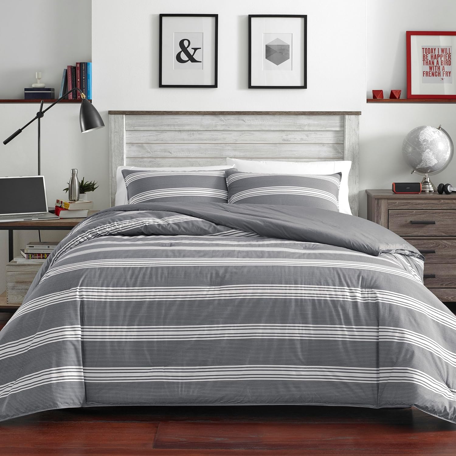 Nautica – Juego de edredón tamaño King, ropa de cama reversible de algodón con fundas a juego, elegante decoración del hogar (gris oscuro, King)