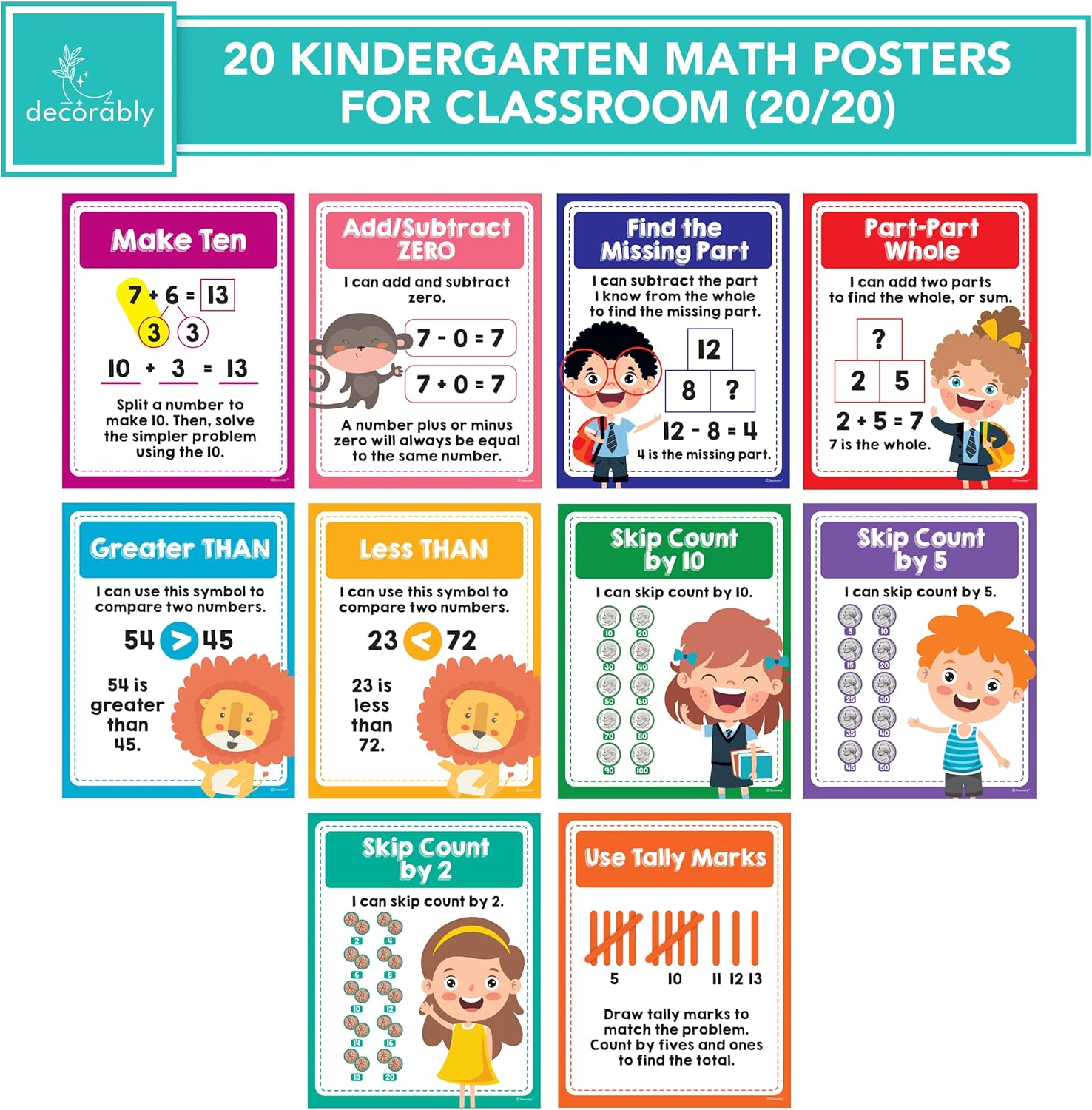 20 pósteres de matemáticas para escuela primaria  Pósters de matemáticas de primer grado de 11 x 14 pulgadas, gráficos de matemáticas para 1er