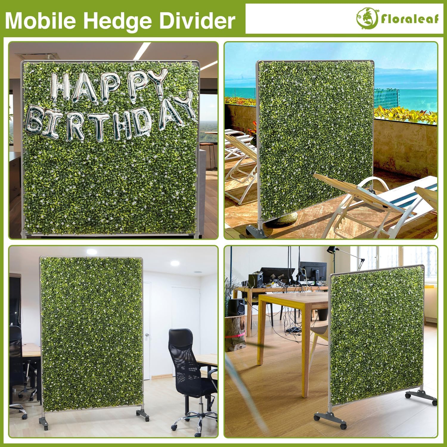 Seto de plantas artificiales de 60 pulgadas de ancho x 40 pulgadas de alto, divisor de habitación con ruedas, panel de valla de privacidad movible,