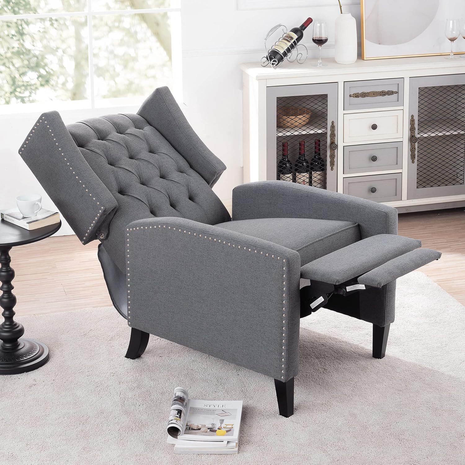 Silla reclinable con respaldo ajustable, cómoda silla reclinable con respaldo ajustable, sillón de tela copetuda con remaches vintage para sala de