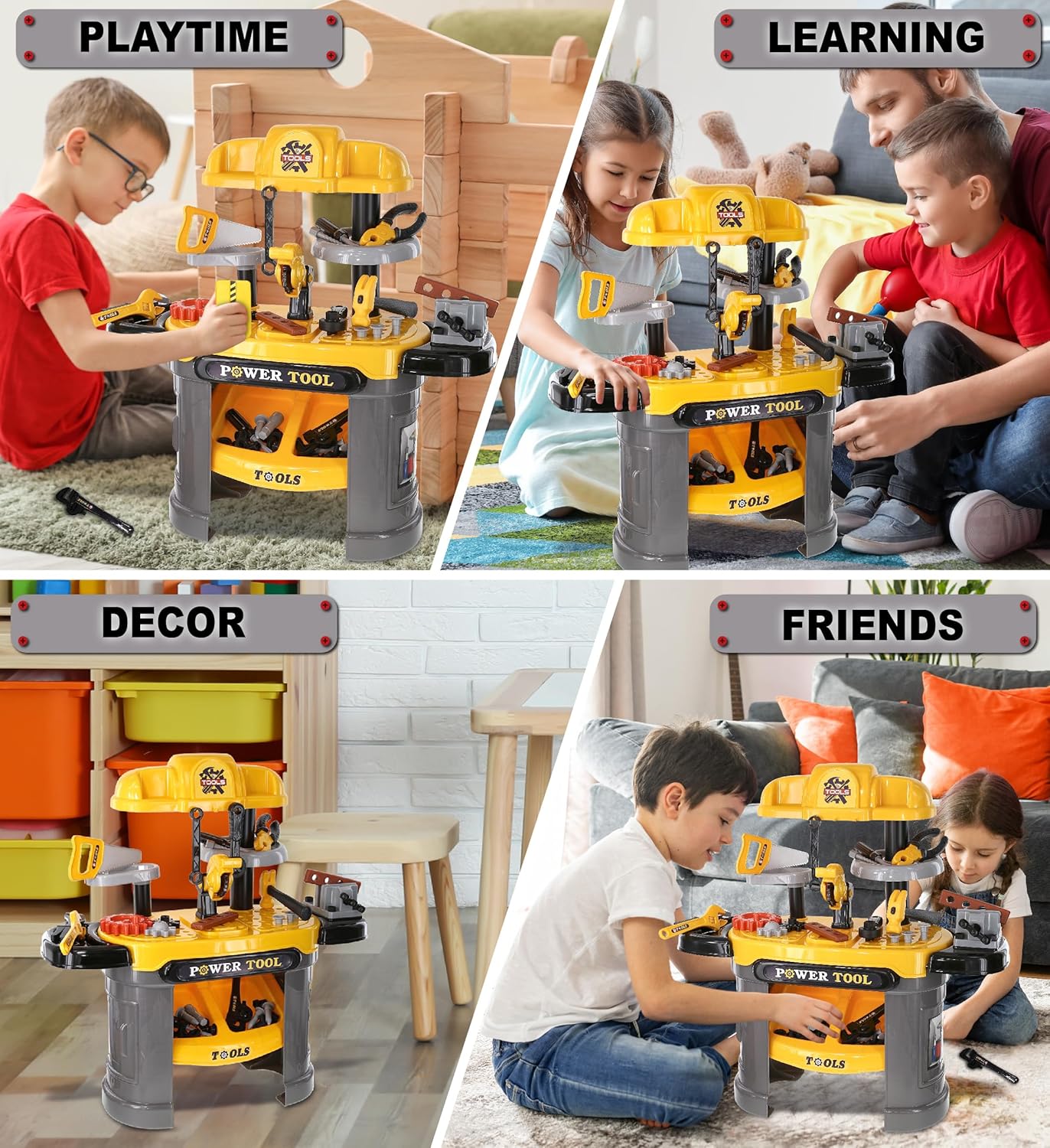 Mozlly Banco de herramientas eléctricas para niños, caja de banco de trabajo para niños con cinturón, juguete de motosierra y más juguetes de