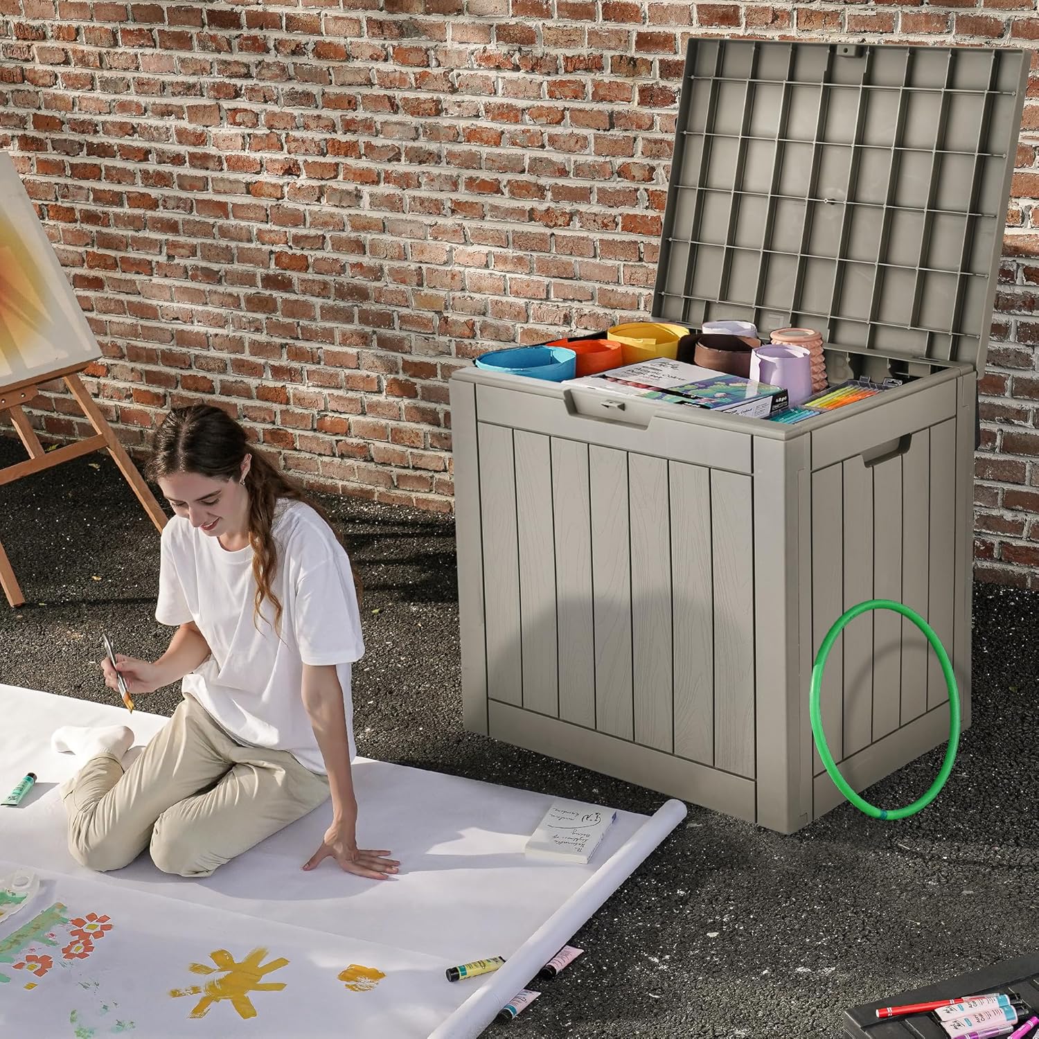 DWVO Caja de almacenamiento para exteriores de 30 galones, caja de resina resistente a la intemperie con cerradura para muebles de patio, accesorios