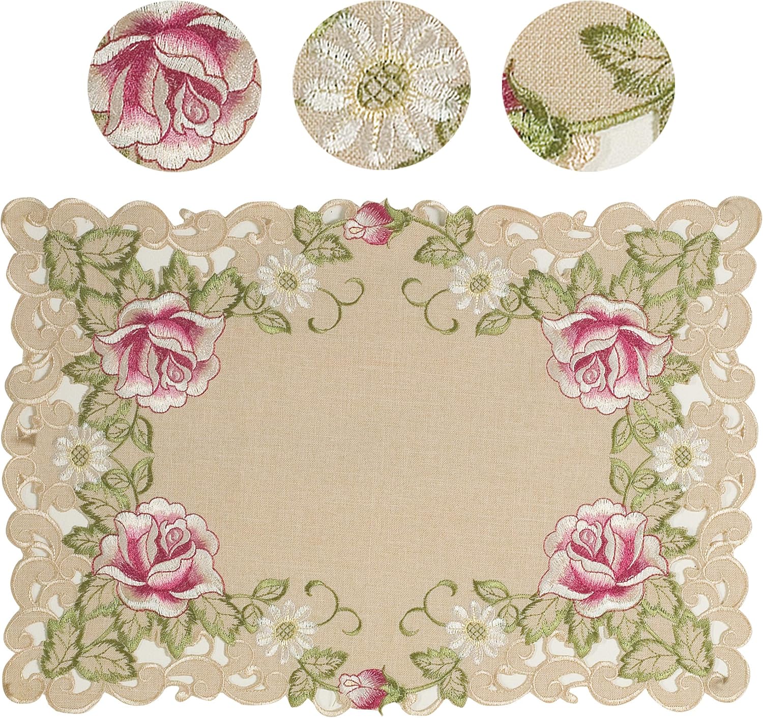 Camino de mesa beige  Pañuelo de encaje de lino bordado europeo  Perfecto para cocina, comedor, decoración del hogar, recepciones de boda  14 x 108