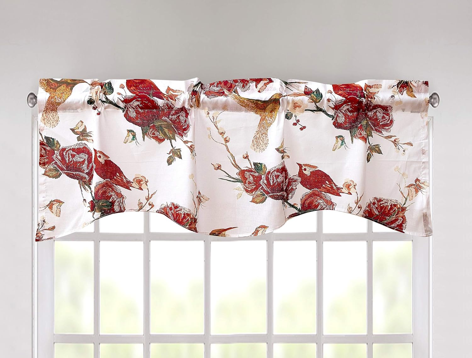 Tache – Cortina de algodón blanco burdeos transparente festoneada para ventana, cenefa de colibríes, rosa, jardín, 18 x 52 pulgadas