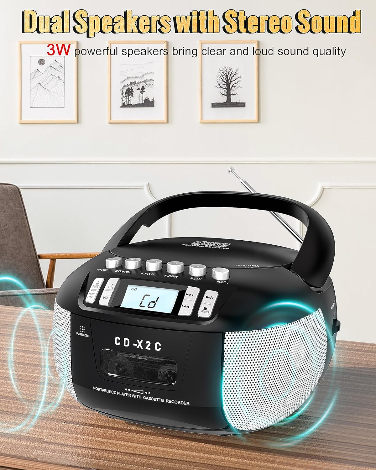 Boombox – Reproductor de CD portátil con radio AMFM, combo de CD Sunoony y reproductor de cassette, grabación de cinta, sonido estéreo, alimentado