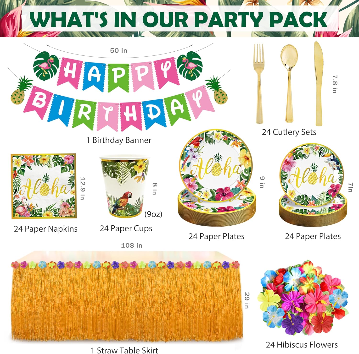 Luau – Decoraciones para fiesta de cumpleaños, 323 piezas, suministros de fiesta hawaiana tropical Aloha para verano, playa, vacaciones, juego de