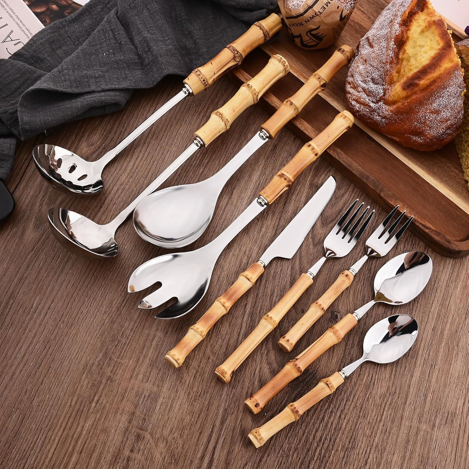 Juego de cucharón de sopa y cuchara ranurada, utensilios de servir de acero inoxidable 304 con mango de bambú natural, cucharas de sopa para servir