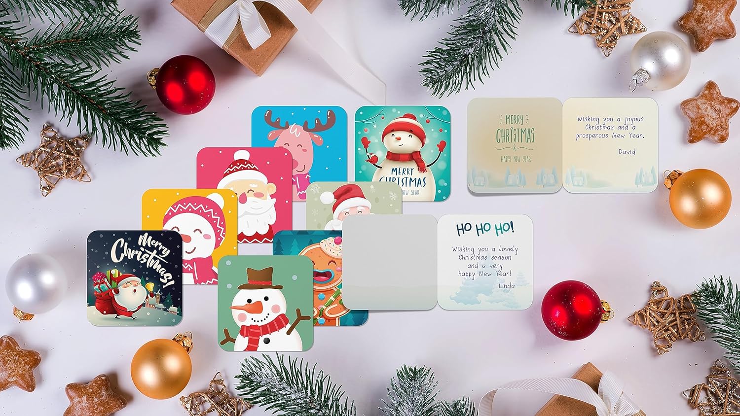 Better Office Products Mini tarjetas de felicitación de Navidad y sobres, 3 x 3 pulgadas, 25 diseños únicos con sobres rojos y verdes, pequeñas