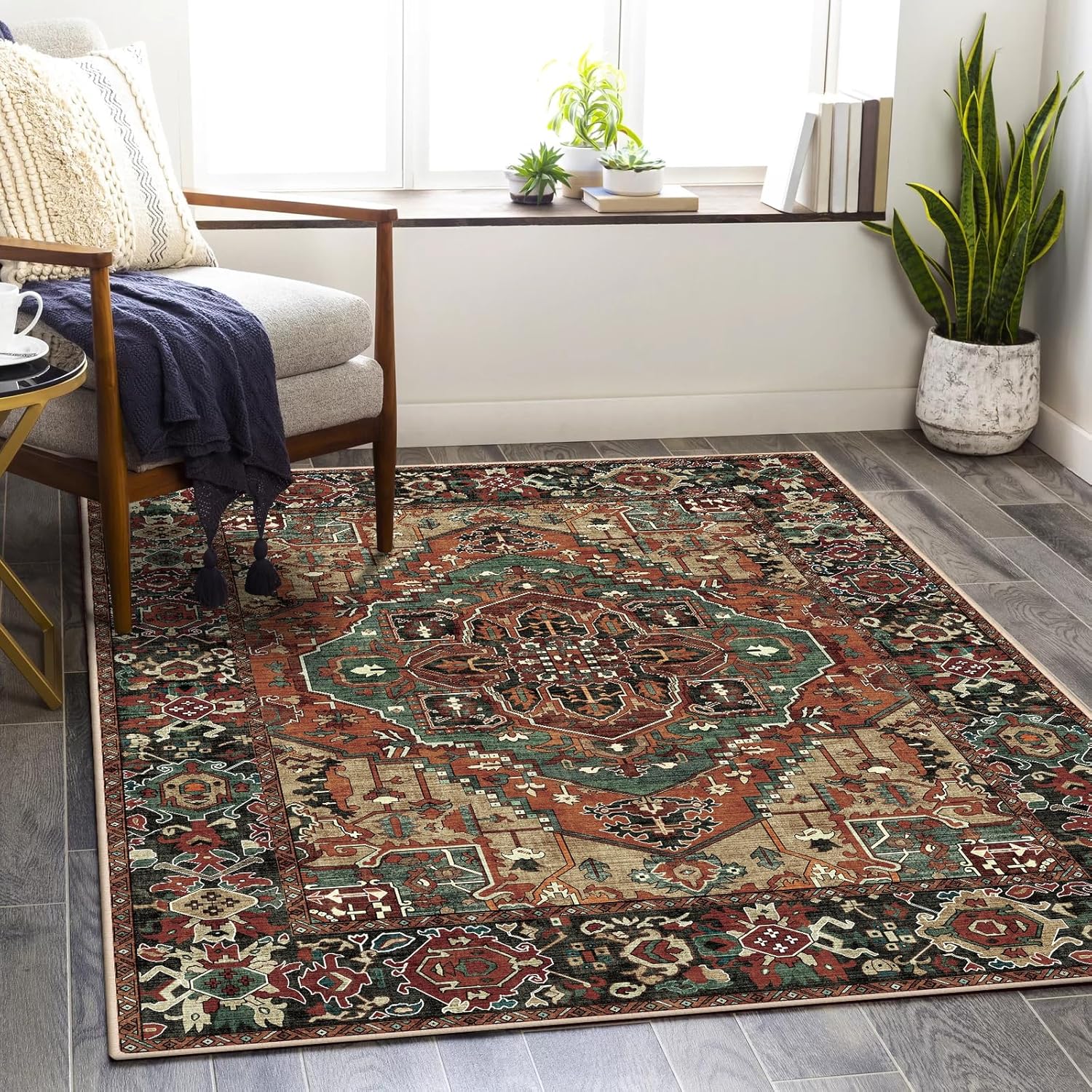 Worxvell Alfombras lavables de 5 x 7 pies para sala de estar, antideslizantes, grandes y desgastadas, orientales, suaves, para dormitorio, alfombra