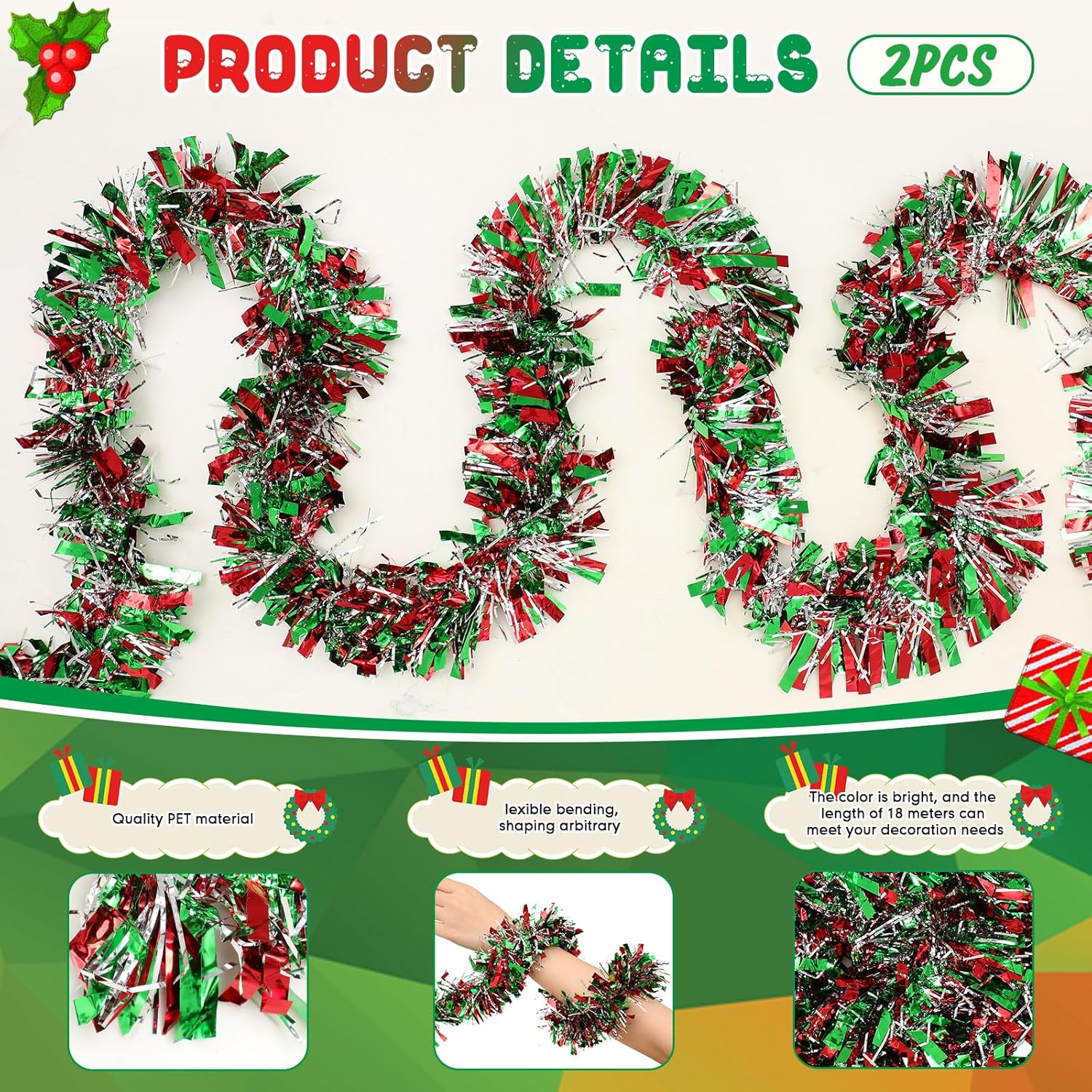 Guirnalda de oropel de Navidad de 118 pies con brillantina, guirnalda metálica para árbol de Navidad, guirnalda colgante de techo brillante para