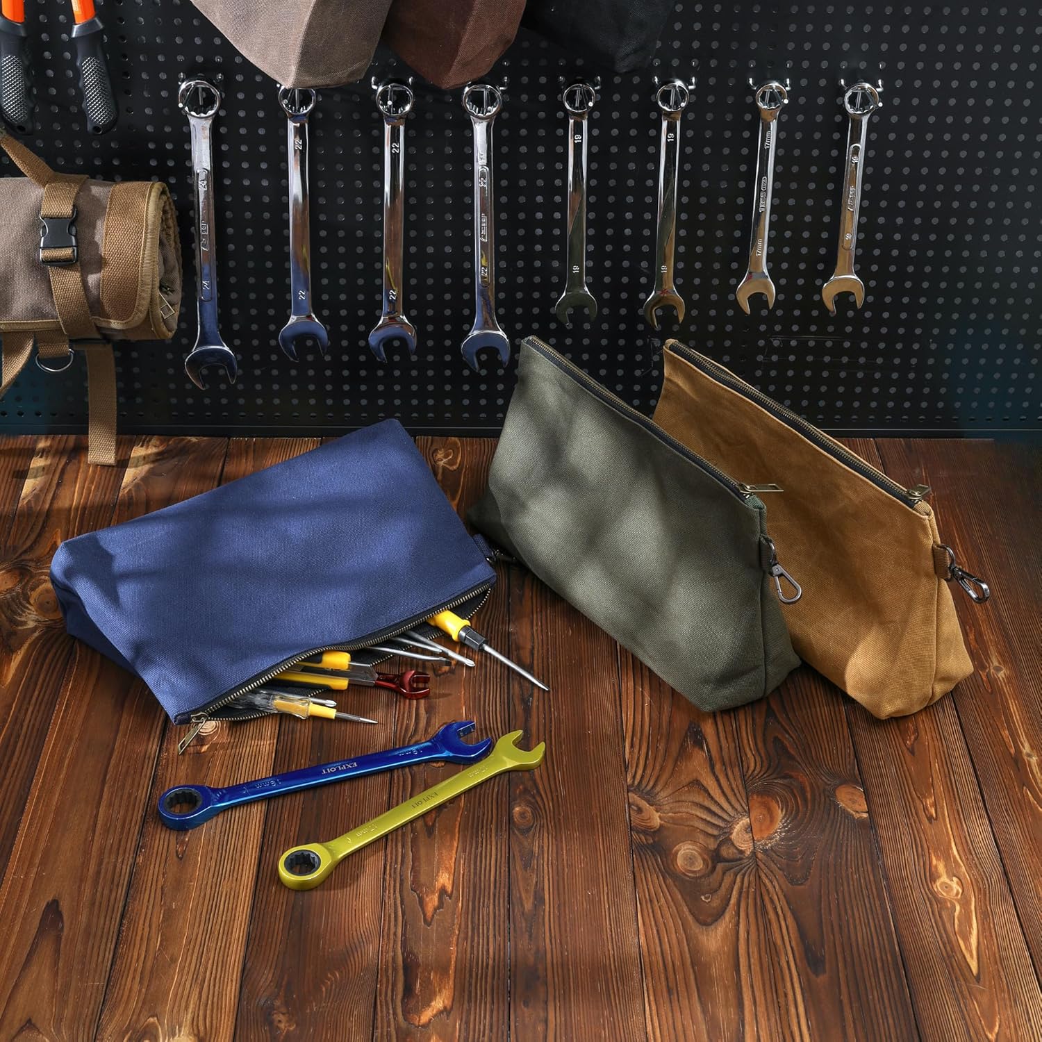 Bolsa de herramientas de lona encerada, bolsa de herramientas resistente con cremallera suave y bolsa multiusos con mosquetón