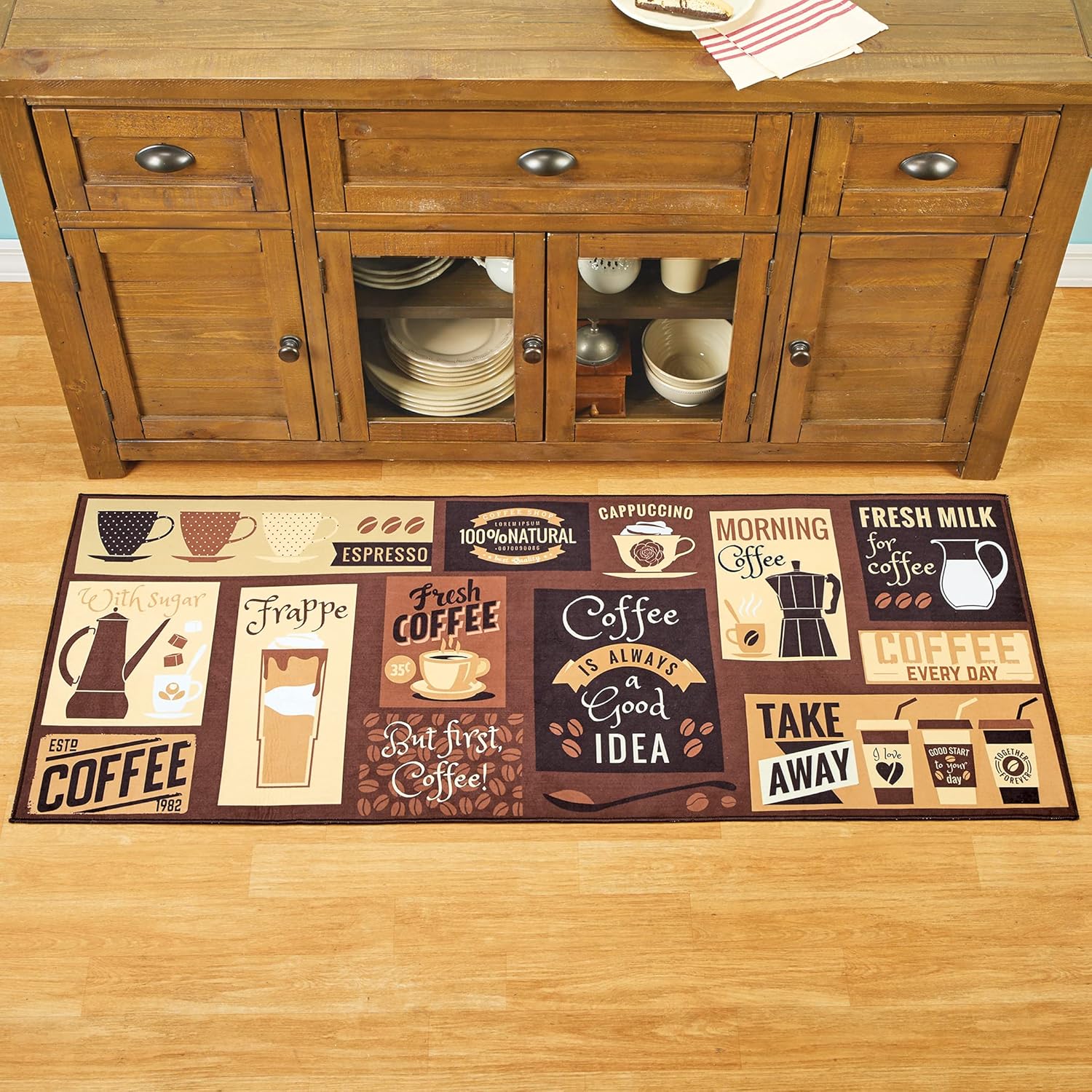 Collections Etc Alfombra de cocina antideslizante con estampado de café caprichoso, 23 x 60 pulgadas