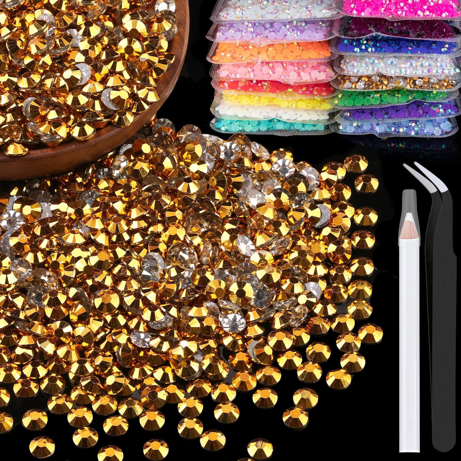1500 diamantes de imitación de resina de 0.236 pulgadas a granel, oro mineral con parte trasera plana, diamantes de imitación redondos de gelatina