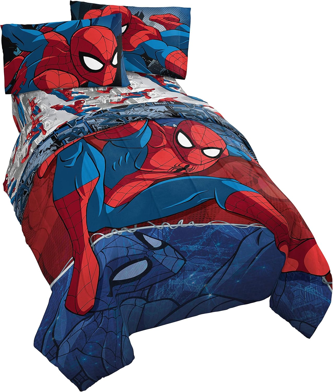 Jay Franco Spiderman Burst and Spidey Faces – Juego de ropa de cama matrimonial de 10 piezas