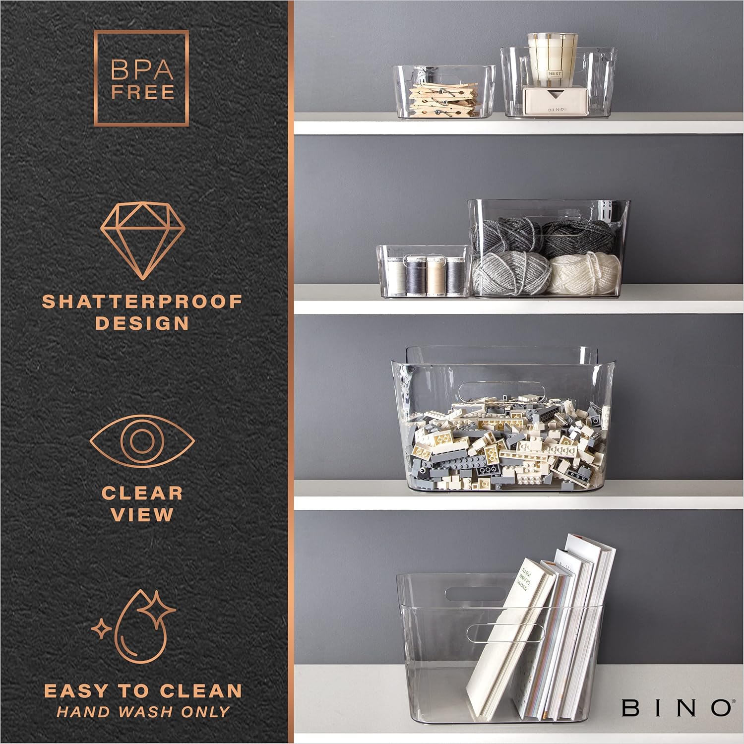 BINO – Cubo de almacenamiento de plástico transparente con asas (2 unidades) – Papeleras de plástico para organizar y almacenar en la cocina,