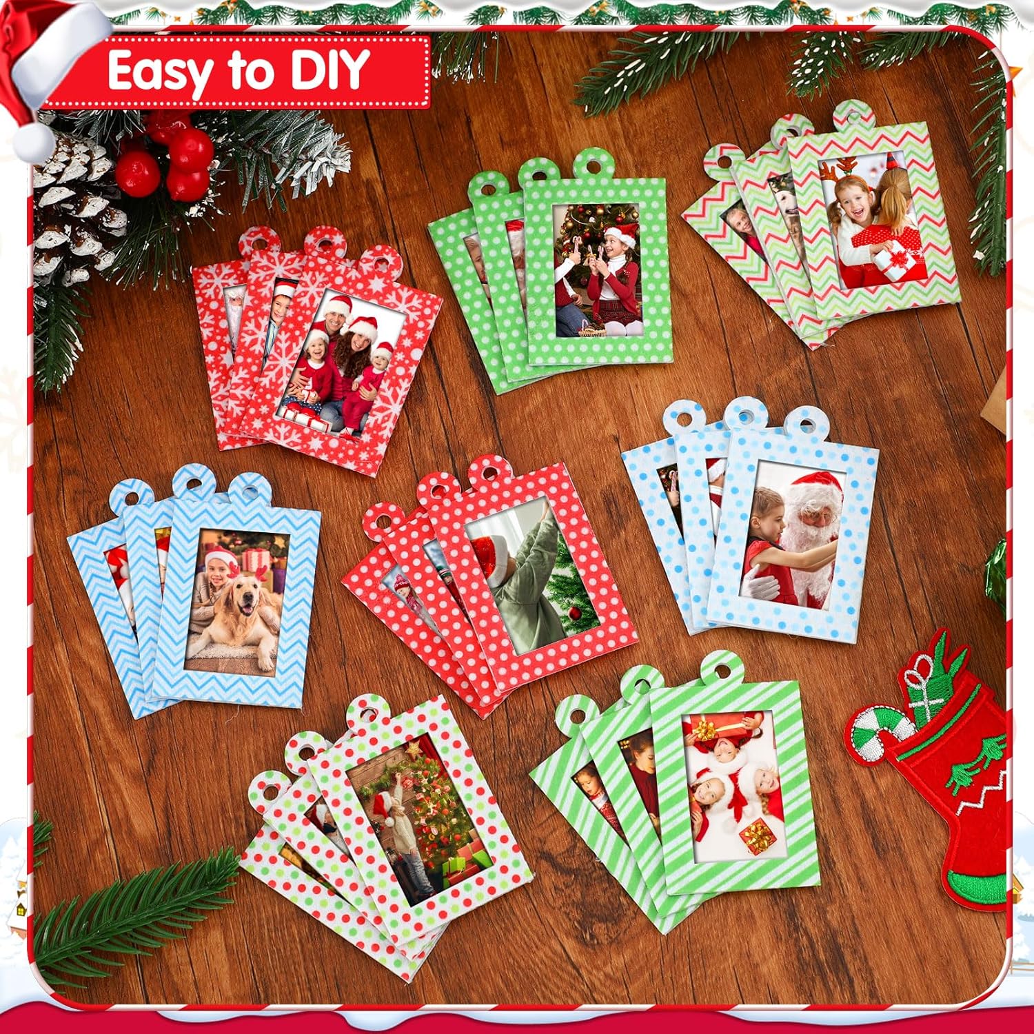 40 marcos de fotos de Navidad de fieltro para colgar en el árbol con cintas, juego de marcos de fotos para árbol de Navidad (rectangular)