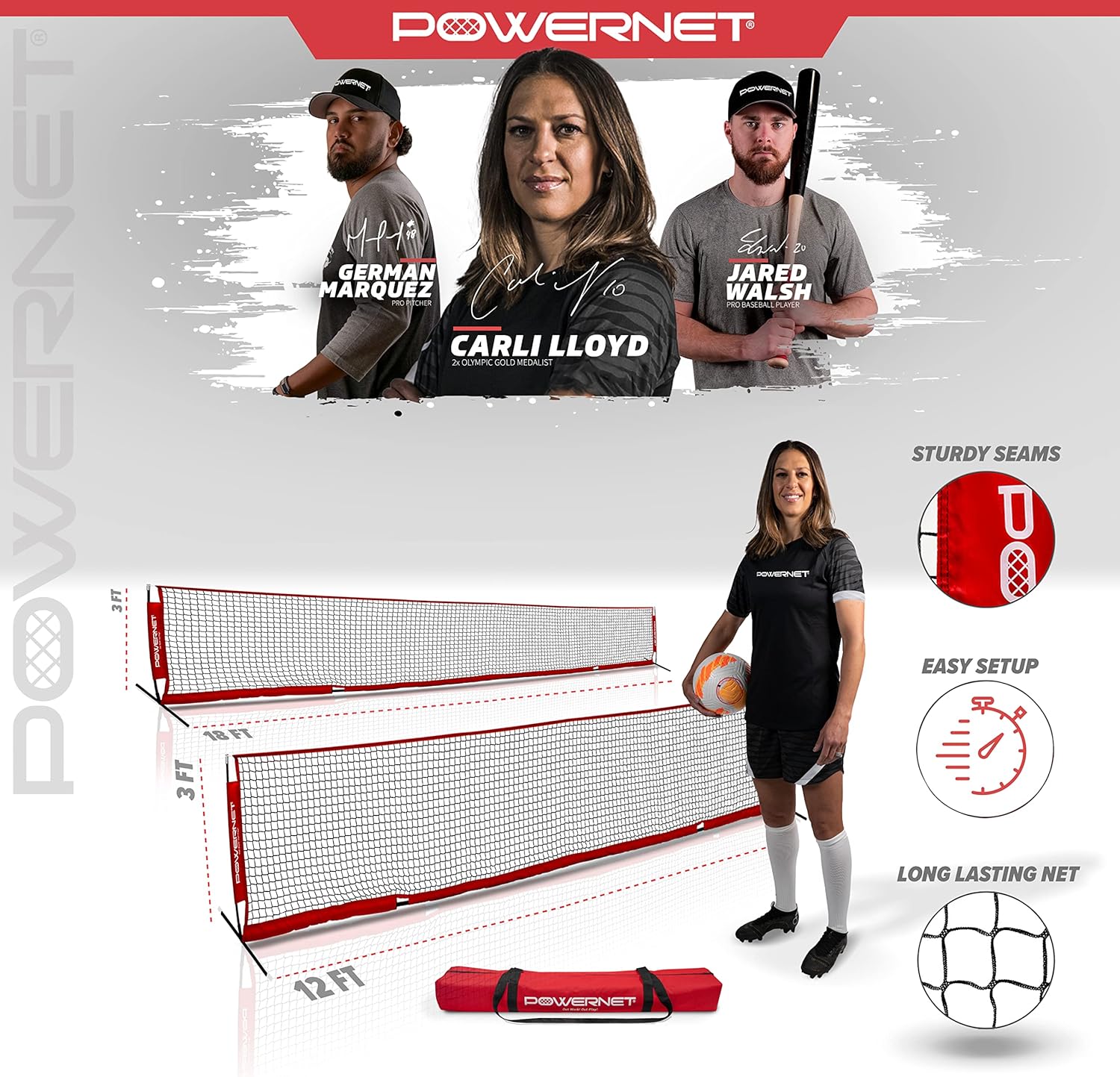 PowerNet Red de tenis de fútbol  Portátil instantánea  Interior y exterior  Base plegable de metal pesada  Postes verticales duraderos