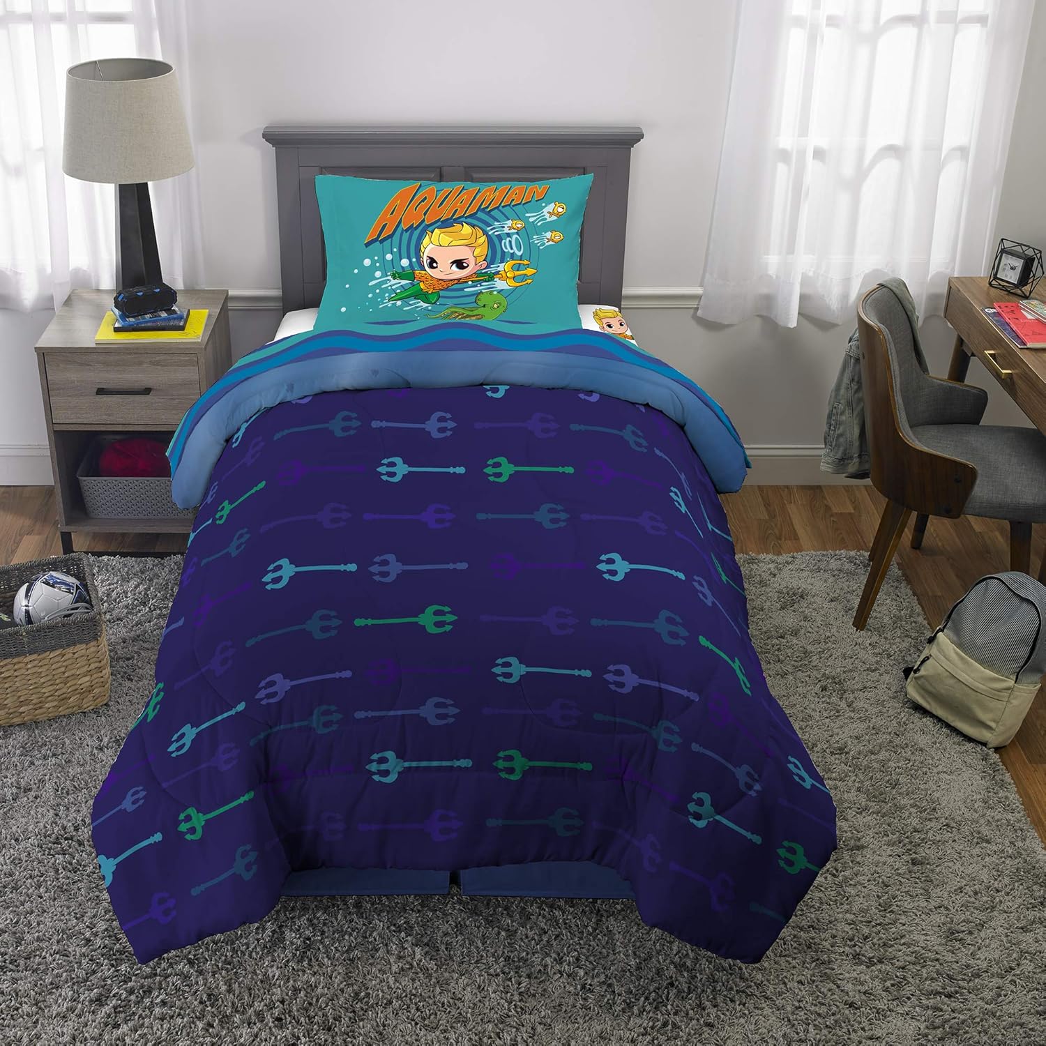 Aquaman – Juego de edredón y sábanas para niños, 4 piezas, tamaño individual, por Franco