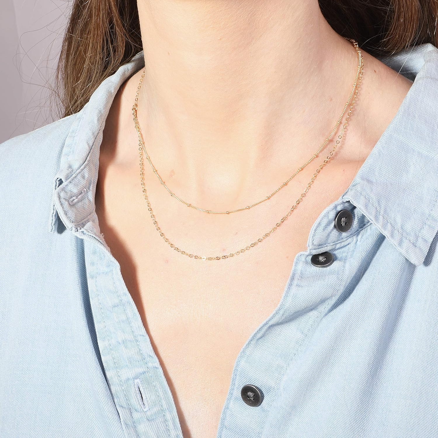 Dainty Double Chain Layered Necklace Women Choker Satellite Handmade Gold Jewelry 16″+extension
