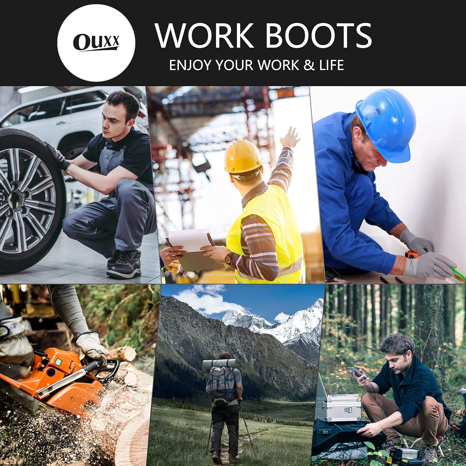 OUXX Botas de trabajo para hombre, con puntera de acero deslizante, de cuero, impermeables, antideslizantes, a prueba de pinchazos, antiestáticas,