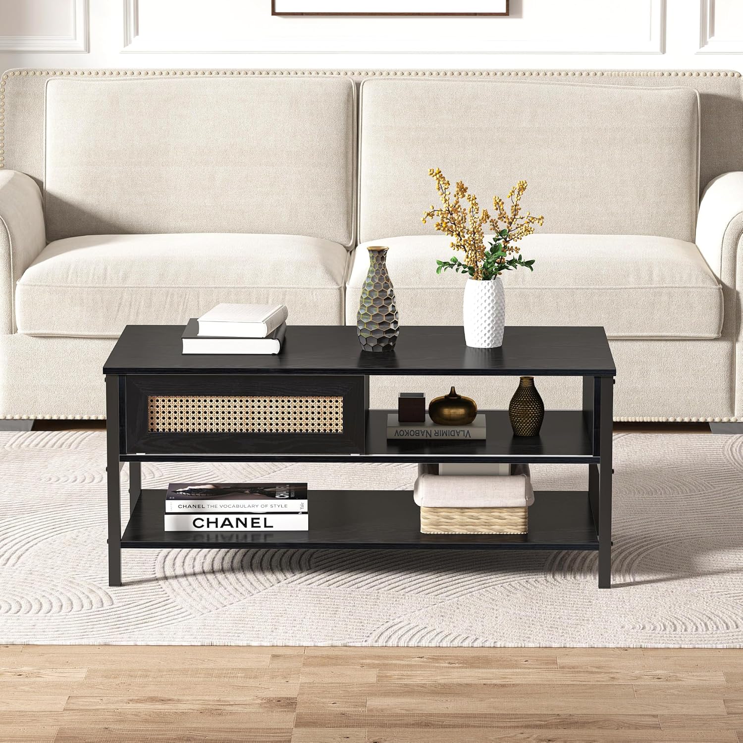 Mesa de centro con puertas correderas de ratán natural, mesa de centro moderna de mediados de siglo con almacenamiento, mesa de centro de madera