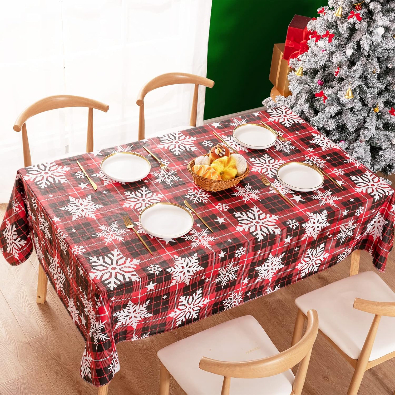 Mantel navideño de vinilo con reverso de franela, impermeable, a prueba de aceite, resistente a las manchas, copo de nieve, de plástico,
