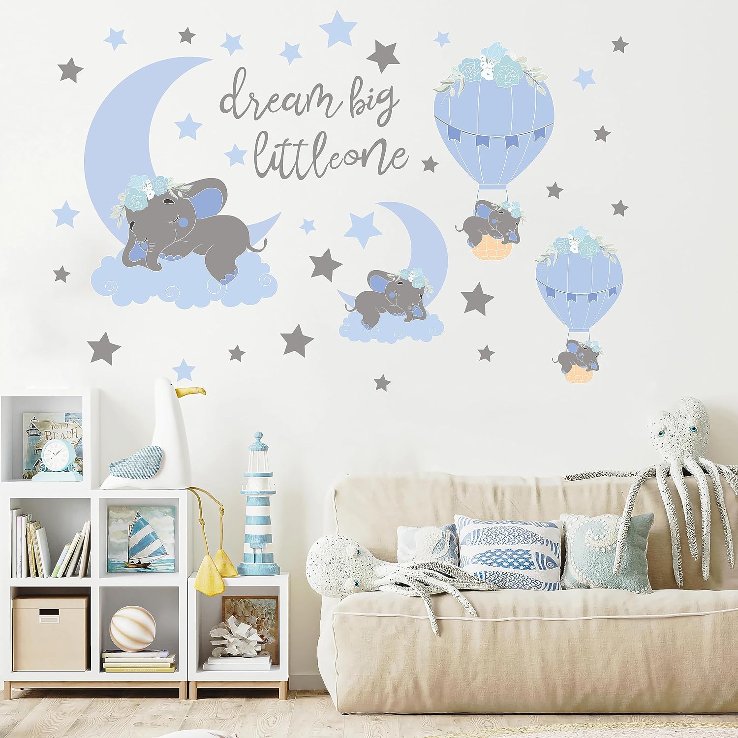 TALLSOCNE Calcomanías de pared Dream Big Little One Elefante, decoración de habitación de bebé, luna azul, globo aerostático, estrellas grises,