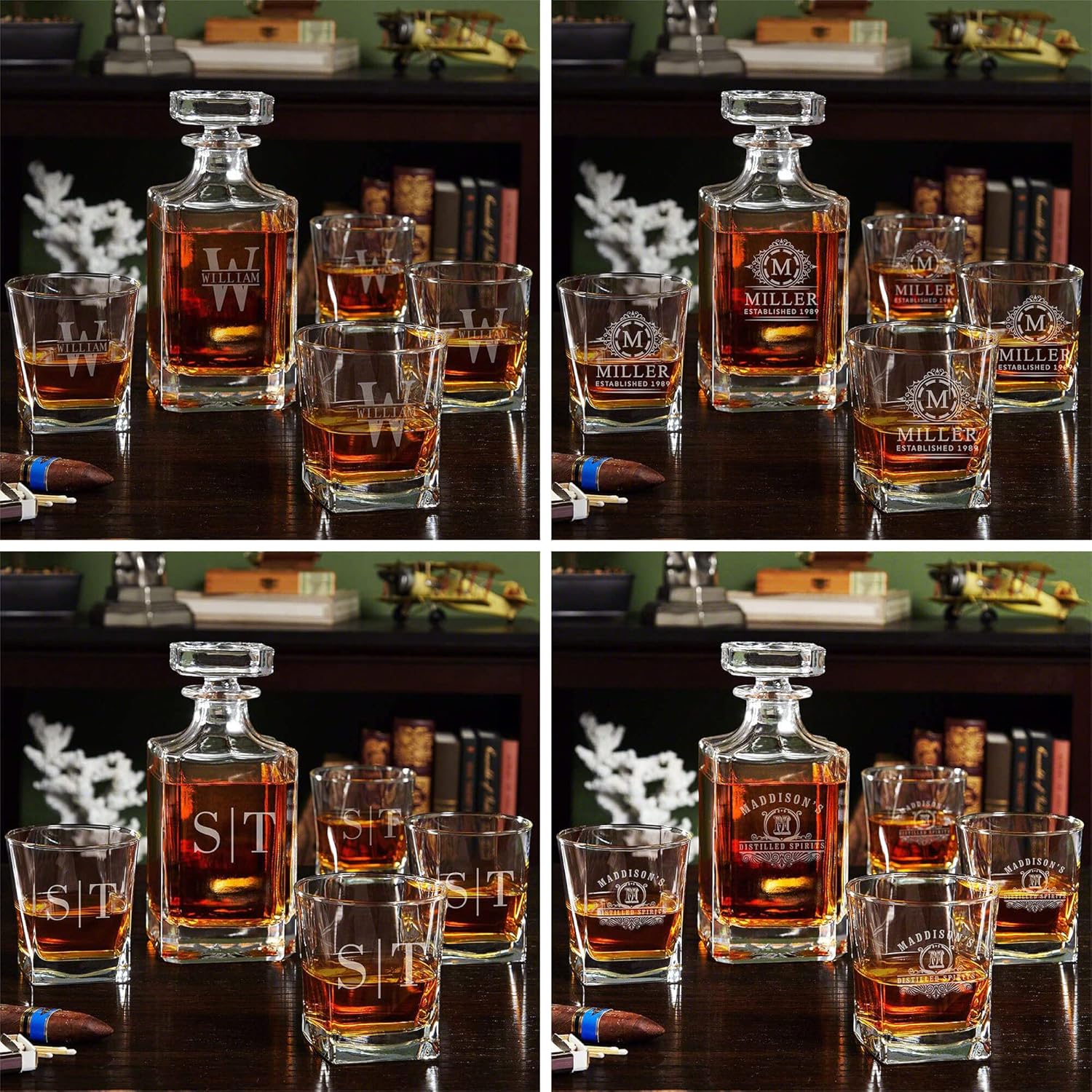 Juego de decantador de whisky personalizado con caja de madera manchada, juego de caja de regalo personalizado de bourbon y whisky escocés
