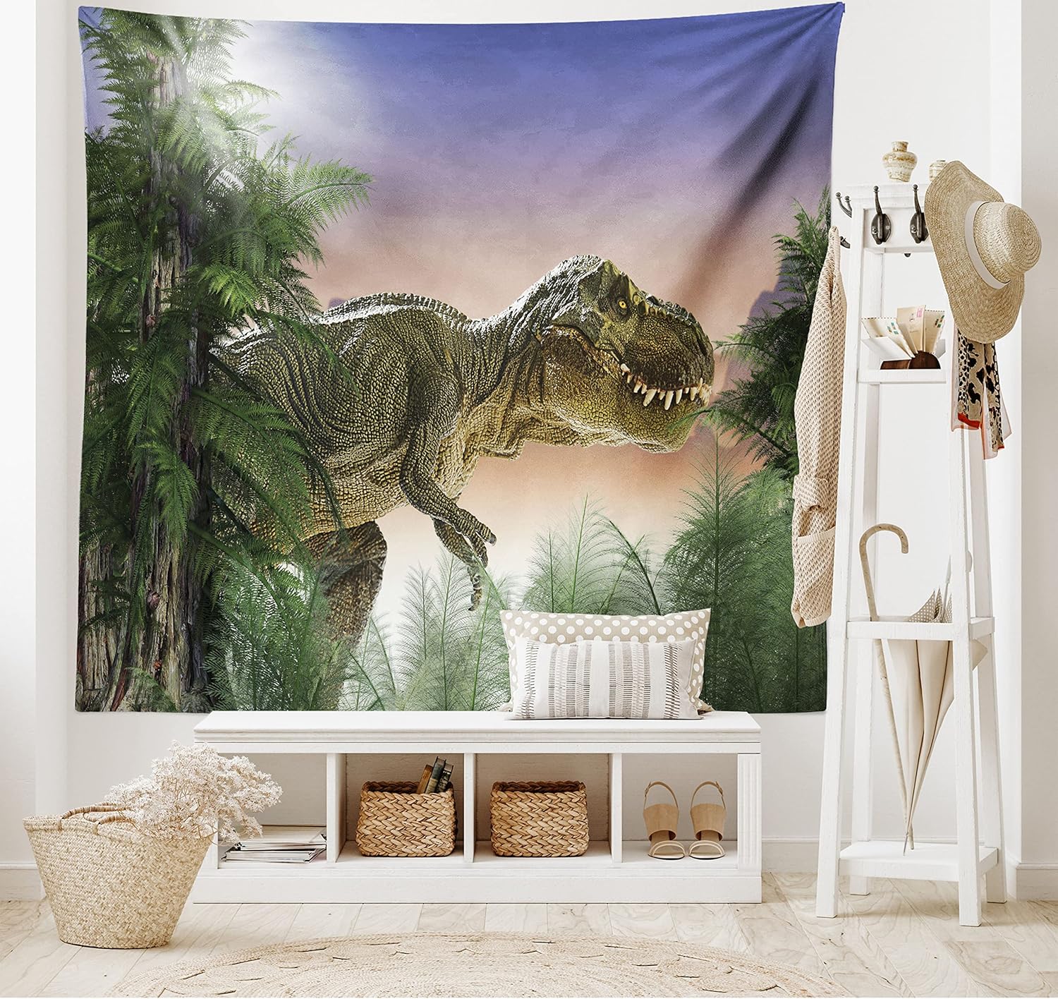 Ambesonne Tapiz jurásico, dinosaurio en la selva, bosque, naturaleza, bosque, violencia depredadora aterradora, colgante de pared ancho para