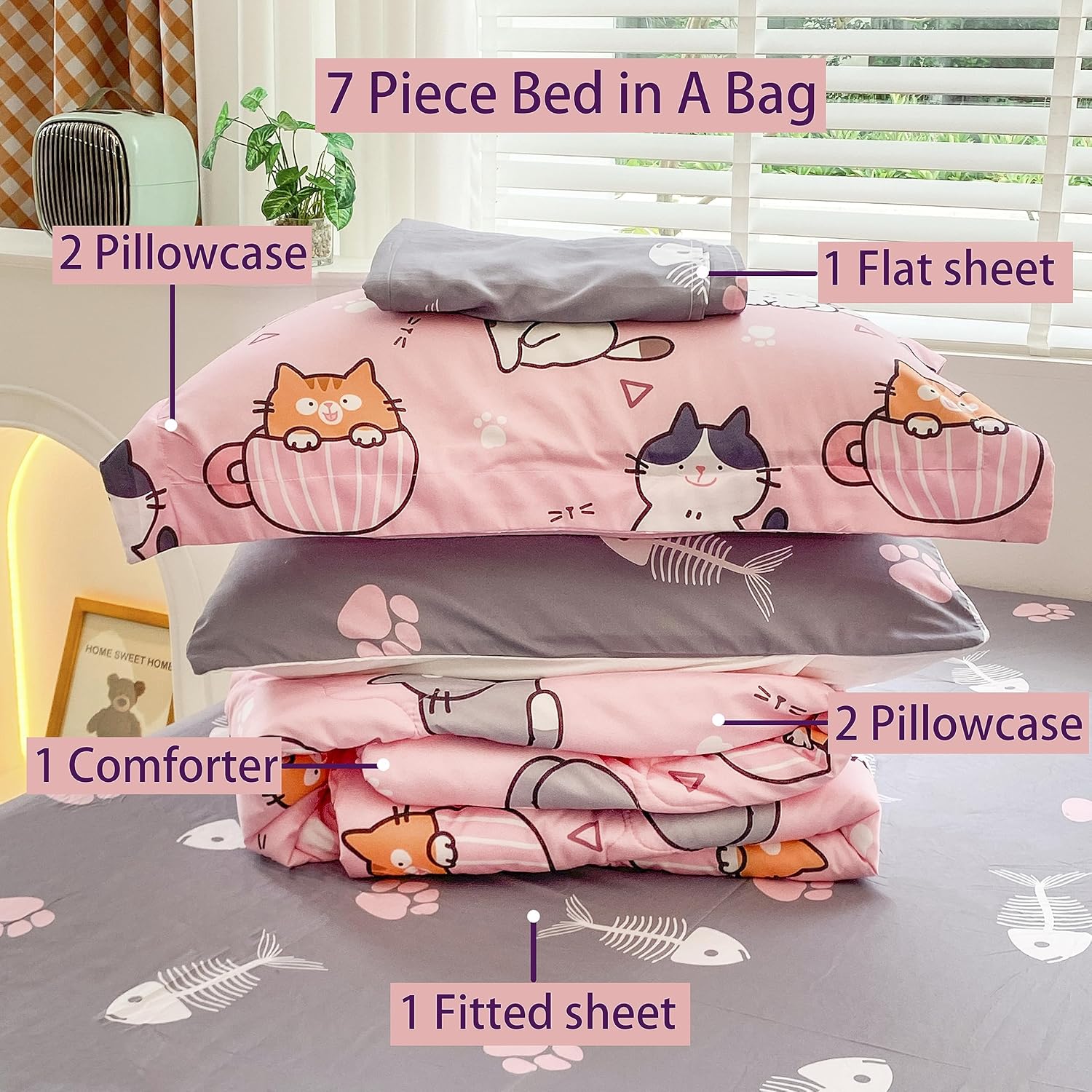 Juego de edredón de 7 piezas con diseño de gatos para niñas, tamaño matrimonial, ropa de cama en una bolsa, diseño de dibujos animados para niños y