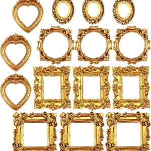 HEVSTIL Marco de fotos de resina vintage dorado de 15 piezas, diseño de corazón ovalado, rectangular, para colgar en la pared, decoración de HEVSTIL Marco de fotos de resina vintage dorado de 15 piezas, diseño de corazón ovalado, rectangular, para colgar en la pared, decoración de