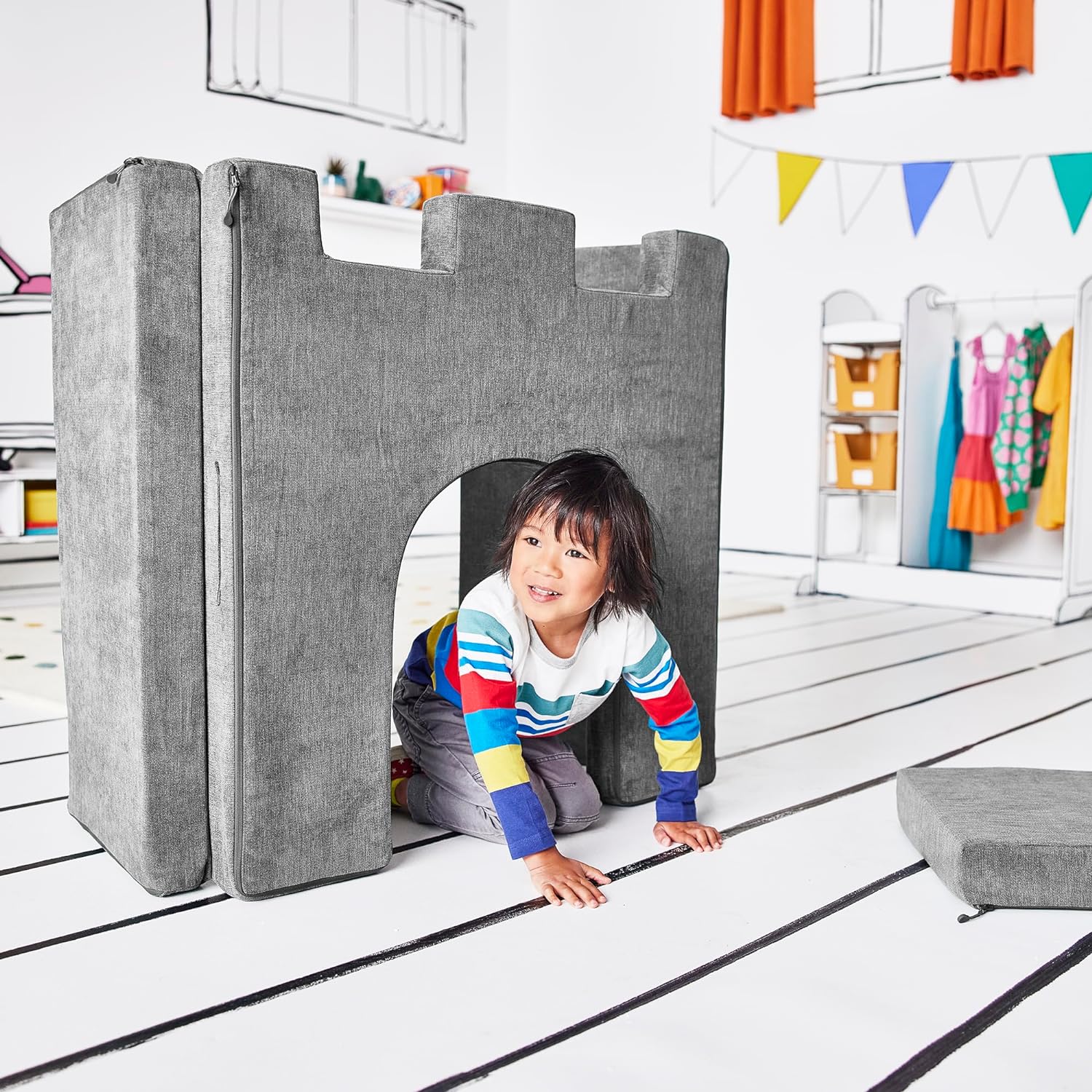 Castillo de juegos para niños y niños pequeños, juego de complementos de sofá para sala de juegos, diseño modular duradero, gris montaña