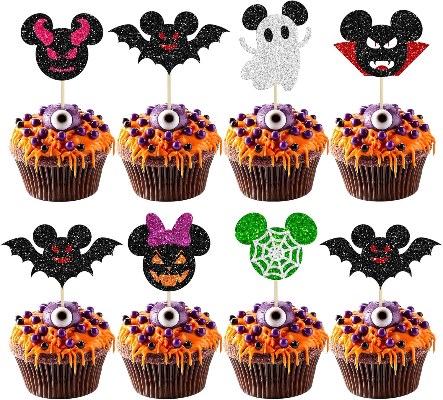 24 piezas inspiradas en mini ratones para cupcakes de Halloween con purpurina para cupcakes de Halloween, murciélagos, calabaza, fantasma,