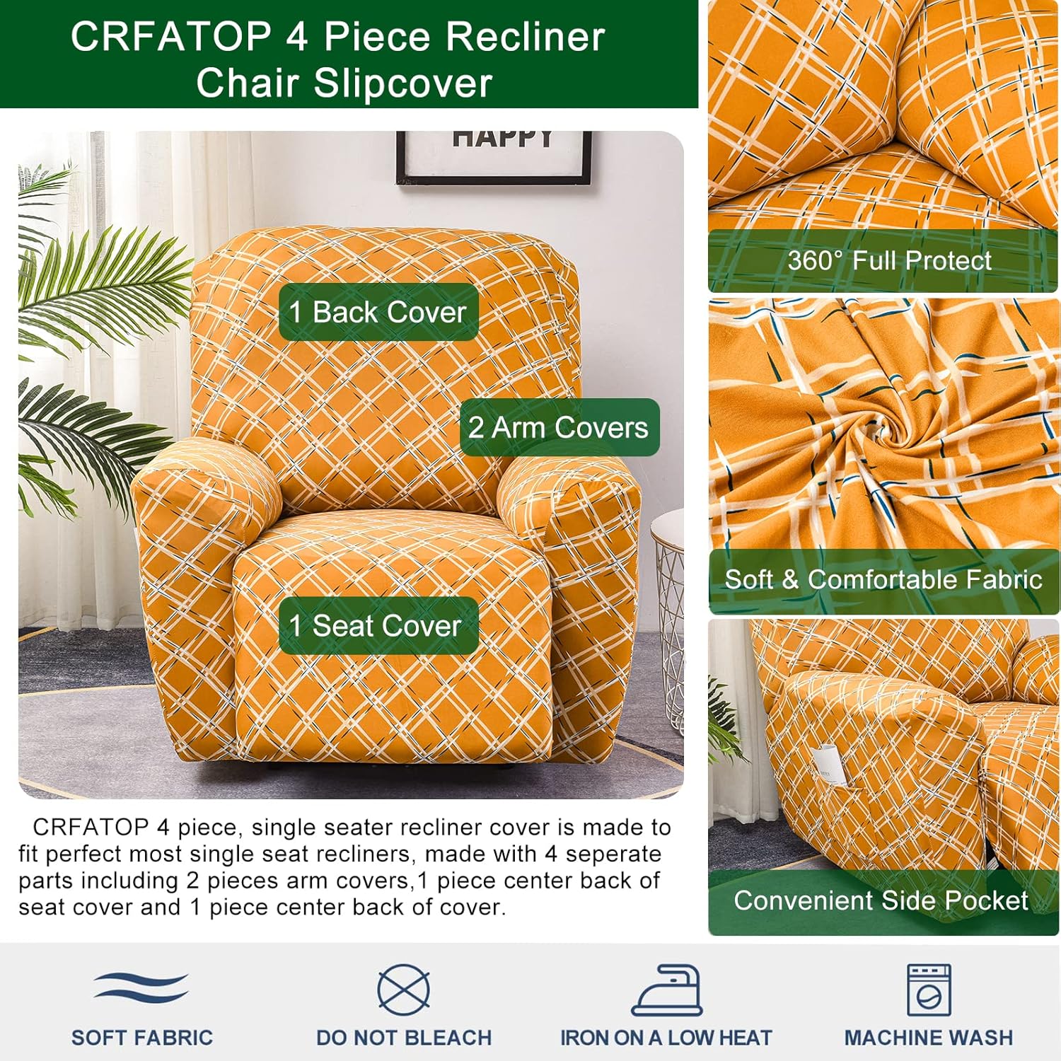 CRFATOP Funda reclinable con estampado floral con bolsillos, funda reclinable individual, 4 piezas, funda para sillón reclinable con parte inferior