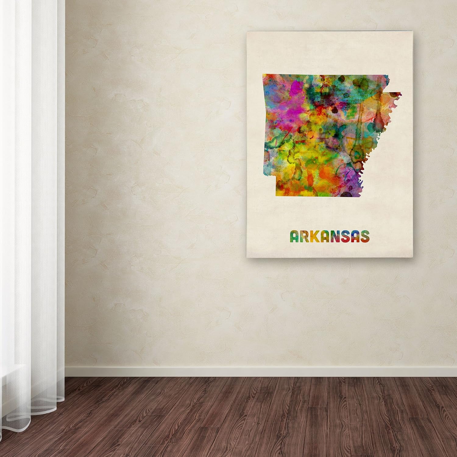 Mapa de Arkansas por Michael Tompsett, arte de pared en lienzo de 14 x 19 pulgadas