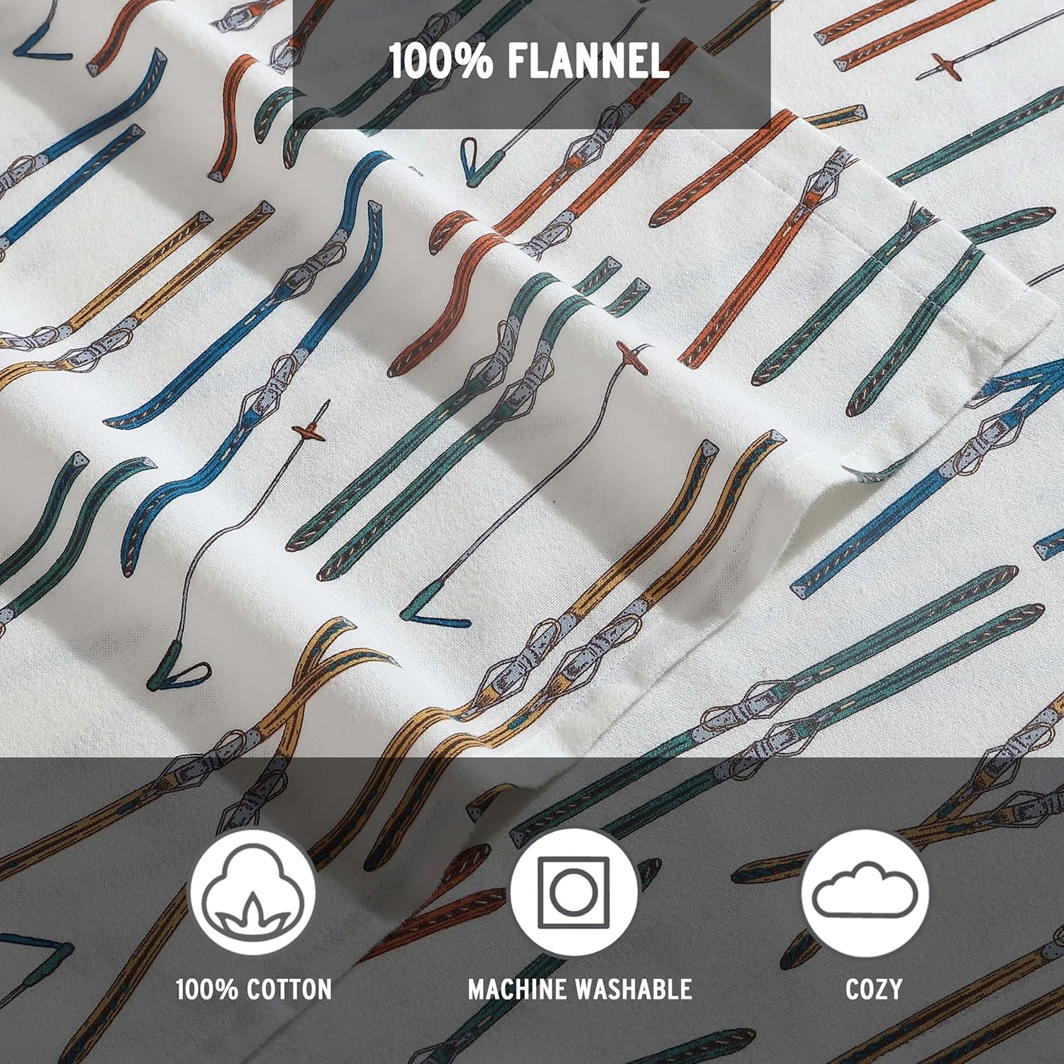 Eddie Bauer – Juego de sábanas de tamaño Queen, de franela de algodón, cepillado para mayor suavidad, acogedora decoración para el hogar (Ski Line,