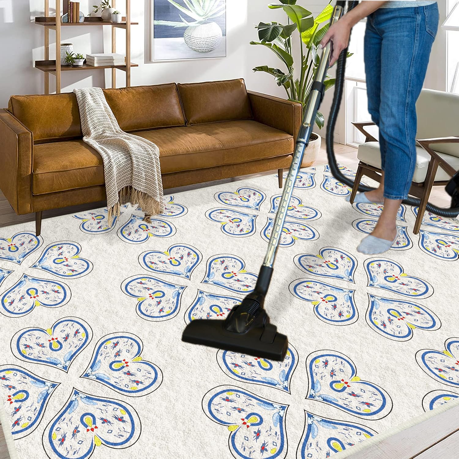 Alfombra de enrejado floral para sala de estar, 3 pies 3 pulgadas x 5 pies 3 pulgadas, cremaazul moderna alfombra de flores que no se desprende,