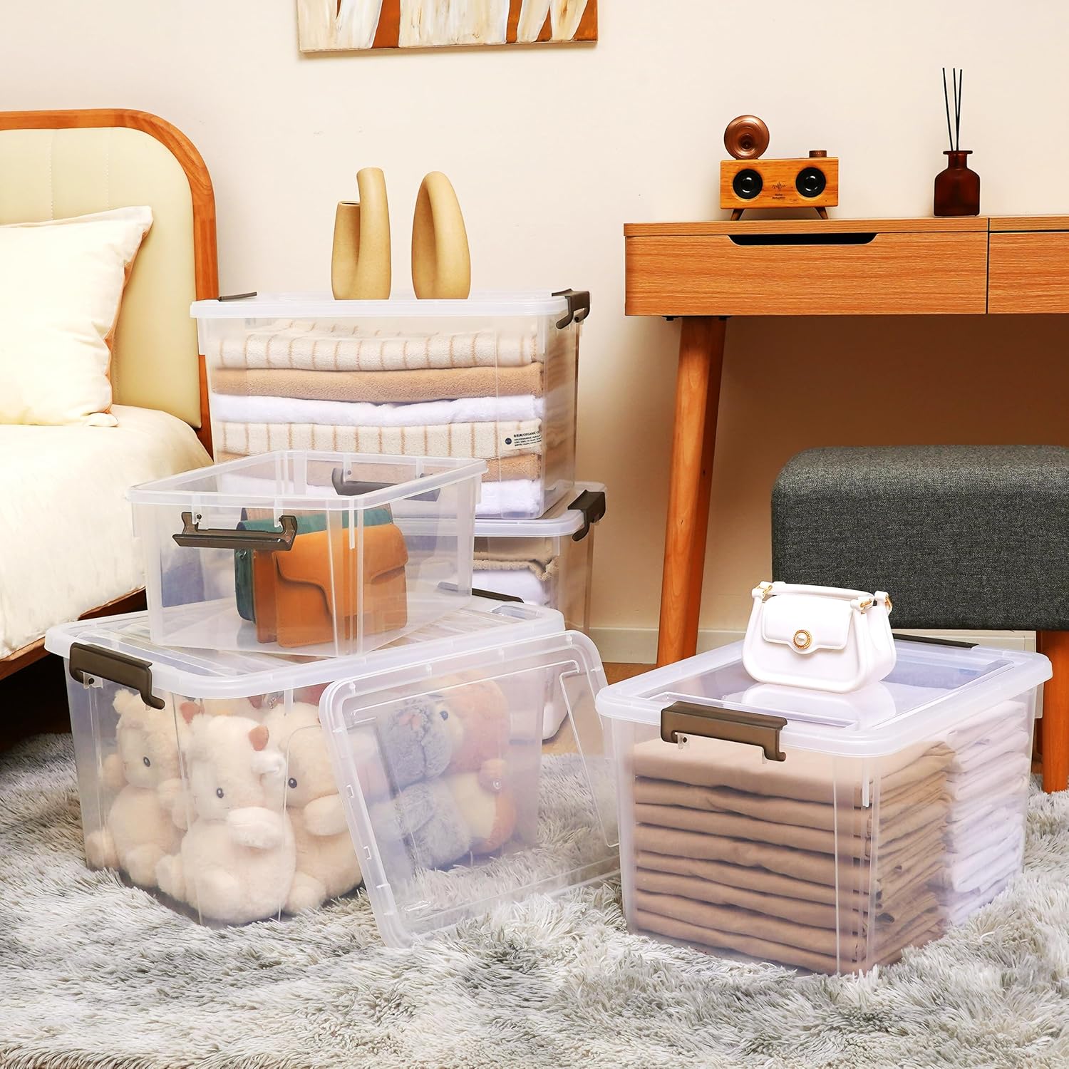 Contenedores de almacenamiento de plástico con tapas, contenedores de almacenamiento transparentes para organizar, caja de almacenamiento apilable